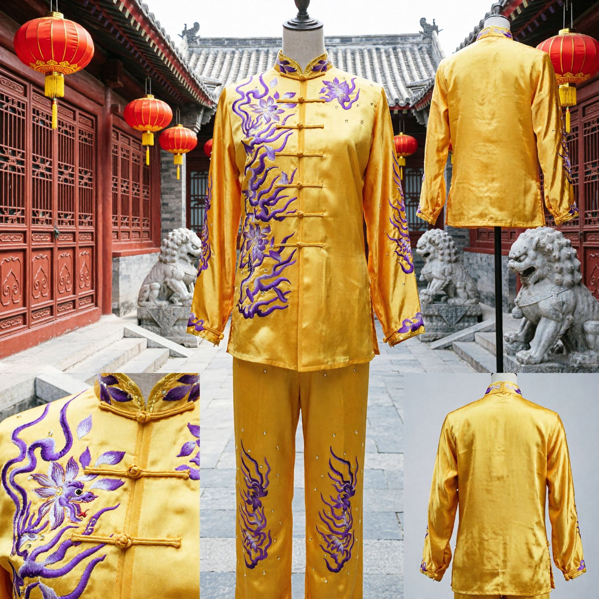 Men's Traditional Yellow Silk Kung Fu Uniform Tai Chi Wushu Costume Embroidered Martial Arts Performance Set