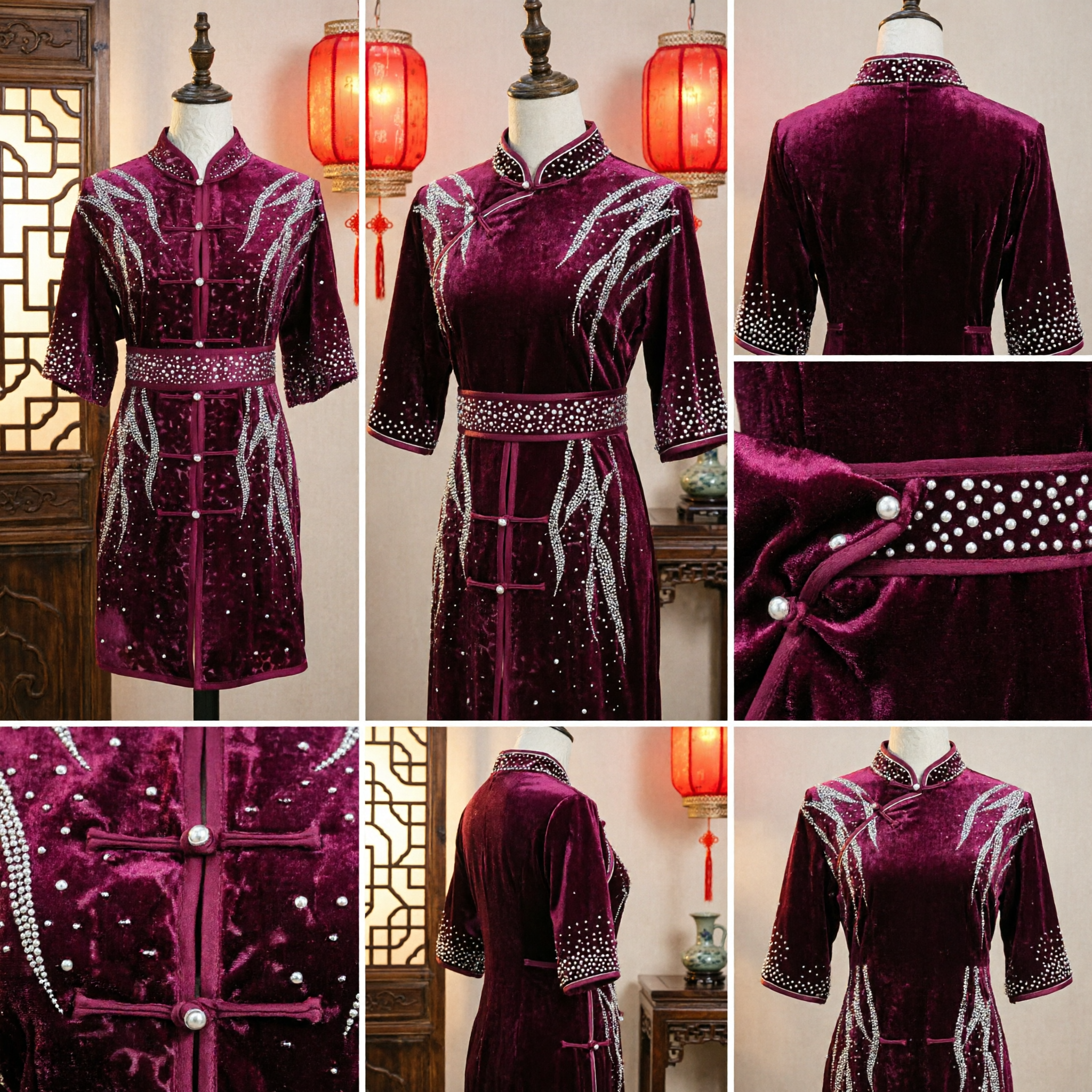 Women's Burgundy Velvet Chinese Kung Fu Uniform Rhinestone Embellished Martial Arts Stage Performance Costume Set