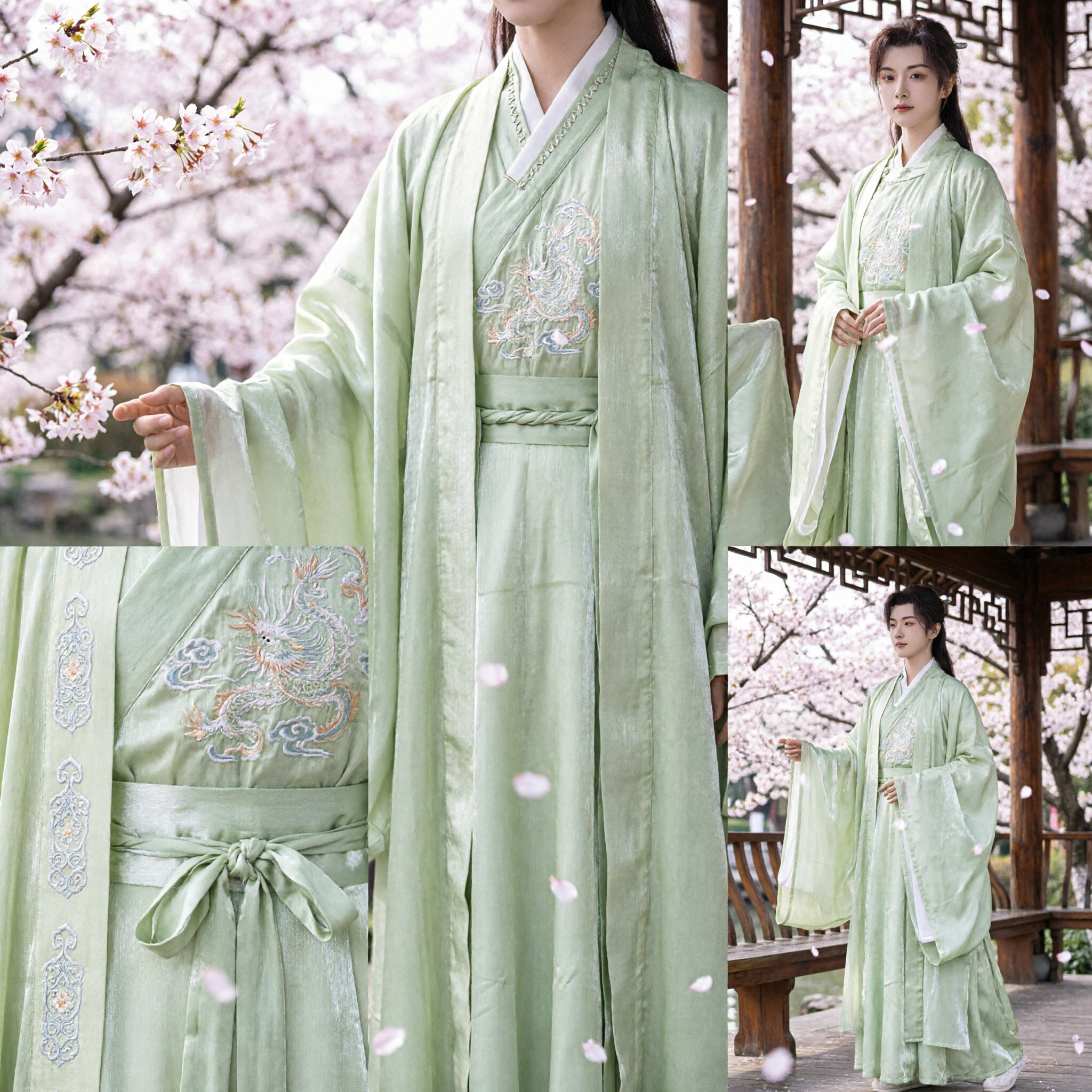 Traditional Chinese Hanfu Light Green Silk Robe Set Ancient Scholar Noble Costume for Men Cosplay