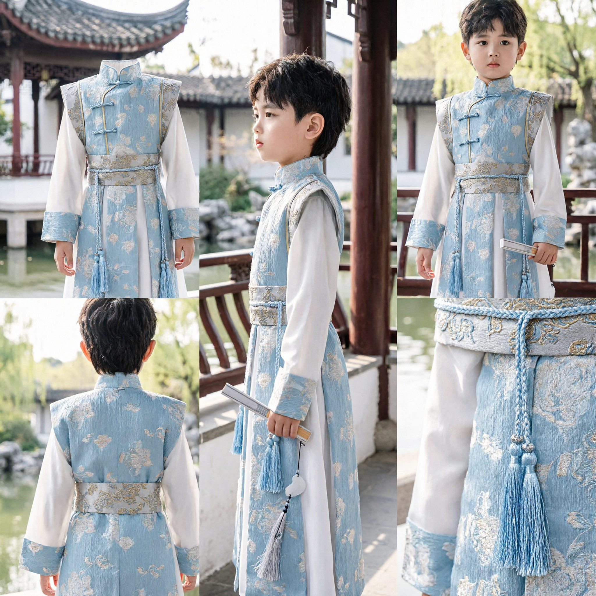 Traditional Chinese Hanfu Costume for Boys Blue Brocade Tang Suit Kids Festival Performance Clothing