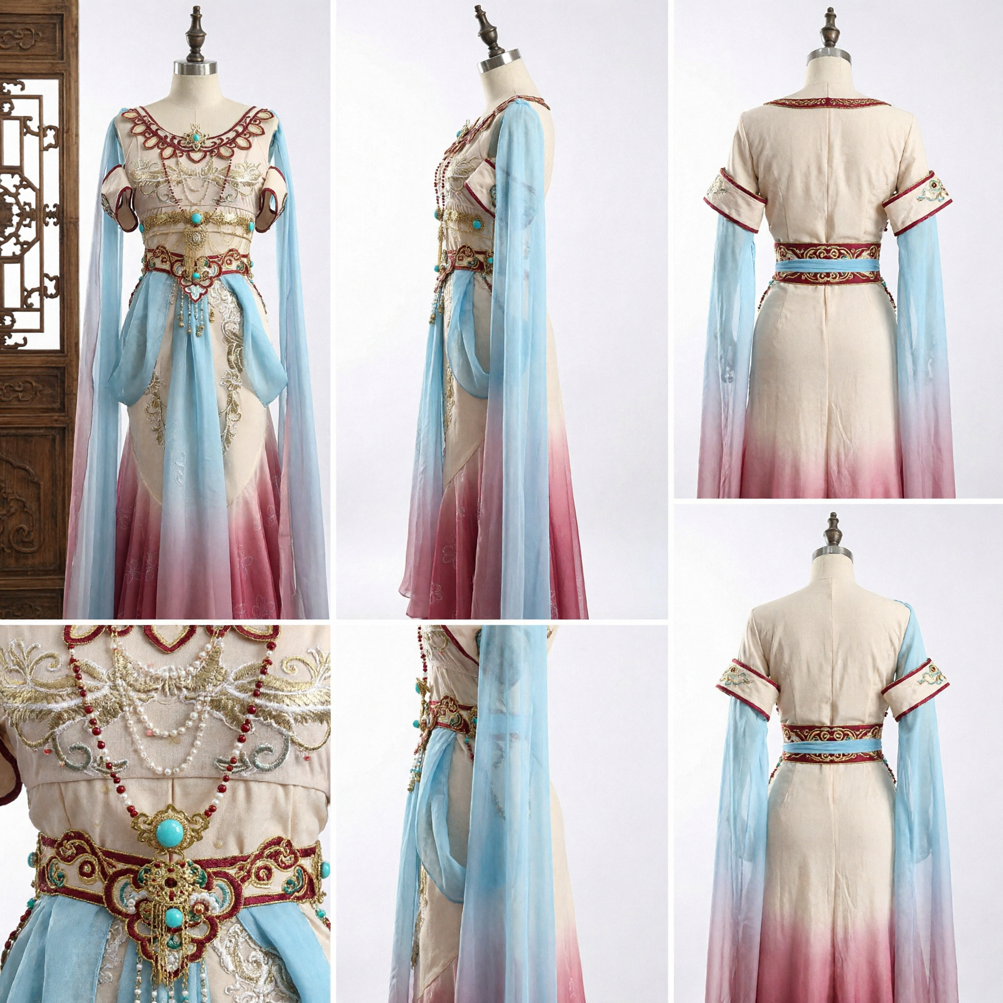 Chinese Traditional Hanfu Fairy Dress Ancient Style Princess Costume with Gradient Skirt and Gold Embroidery for Cosplay
