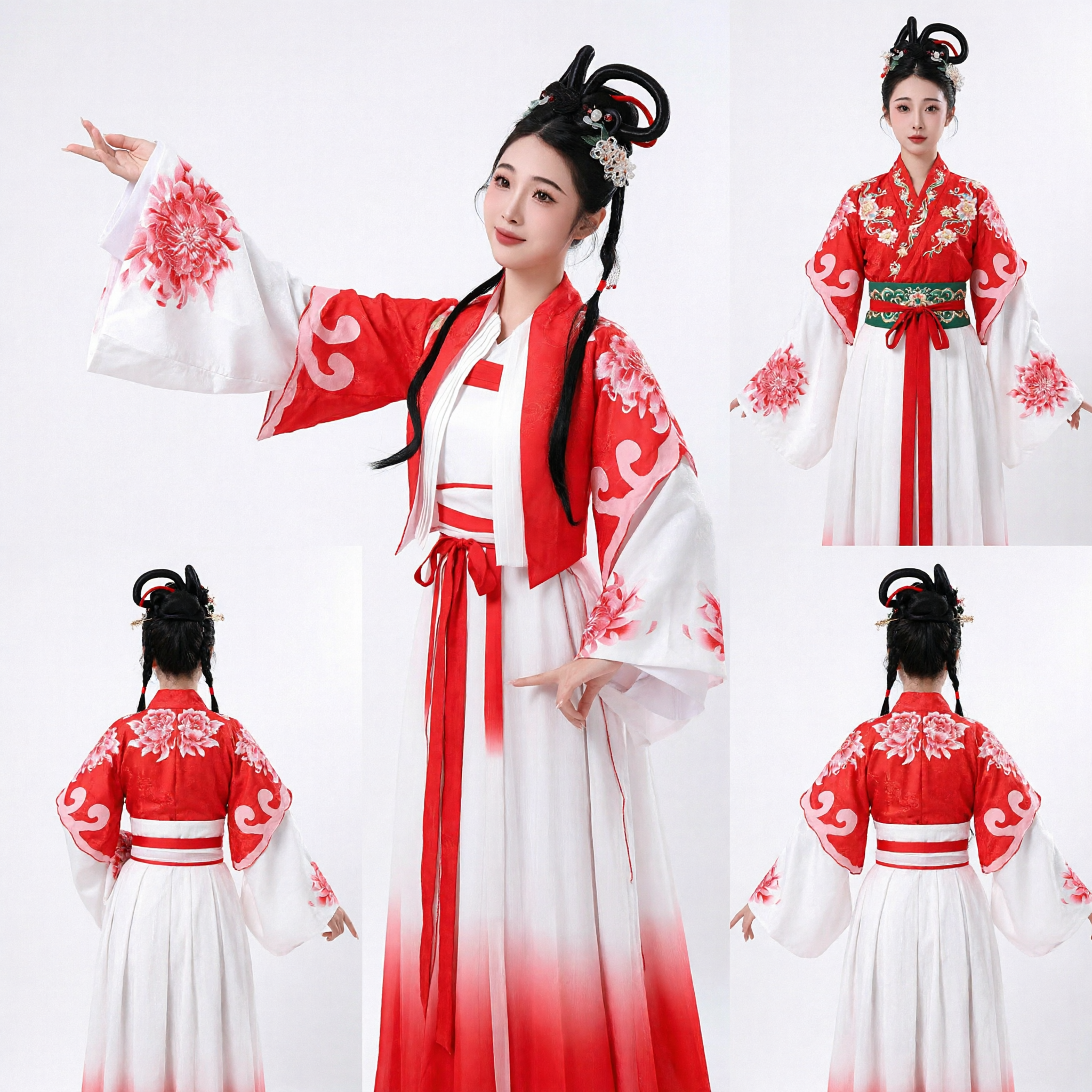 Traditional Chinese Hanfu Costume Red and White Gradient Ancient Dress for Women Folk Dance Performance
