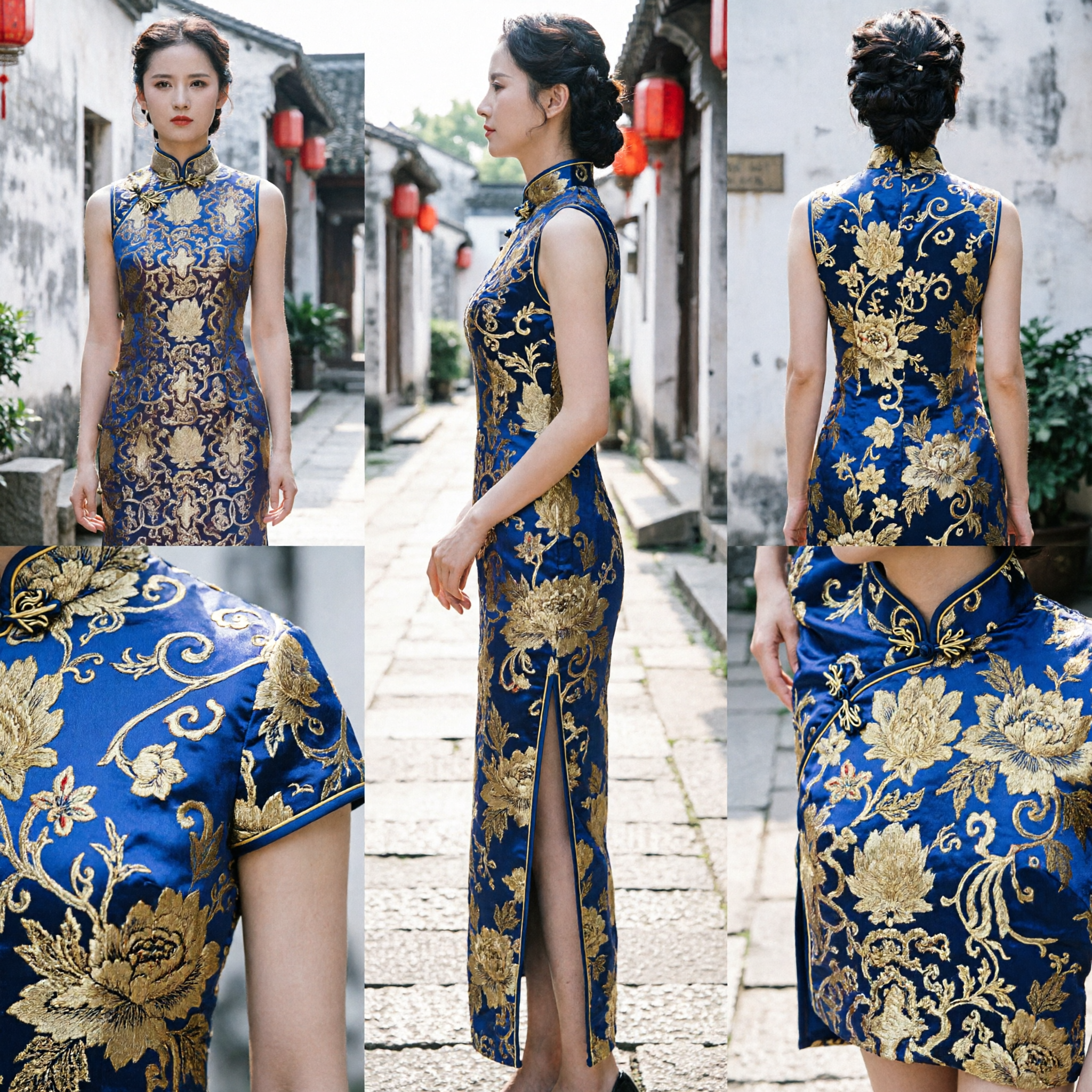 Elegant Blue Silk Qipao Traditional Chinese Cheongsam Dress Gold Embroidery Sleeveless Vintage Style for Women