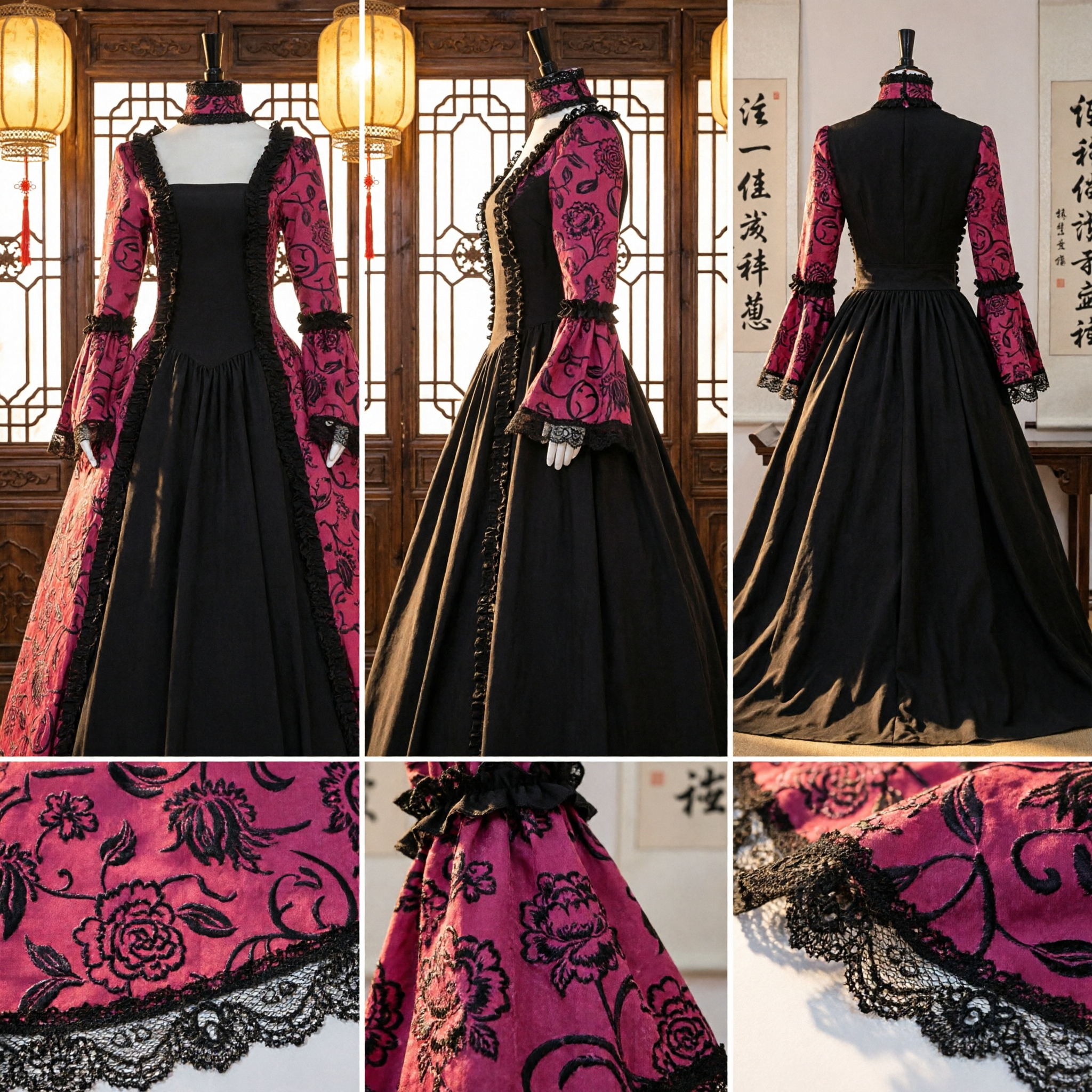 Elegant Red and Black Baroque Rococo Gown Women's Historical Costume for Cosplay and Halloween Party