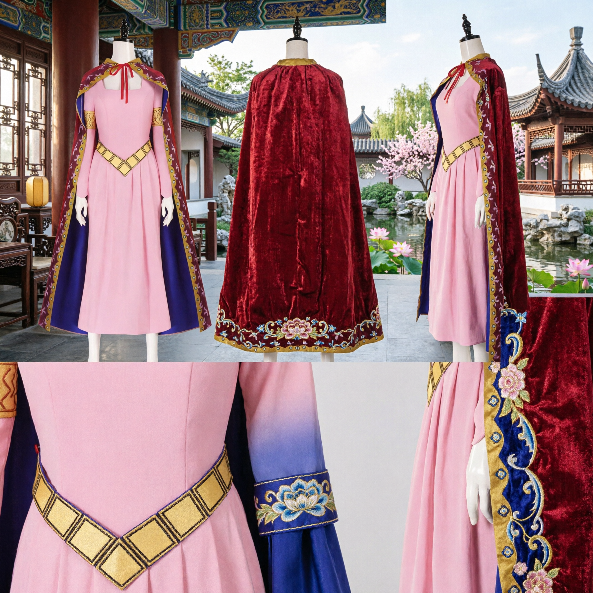 Adult Women Princess Aurora Sleeping Beauty Pink Gown and Cape Cosplay Costume for Halloween Party