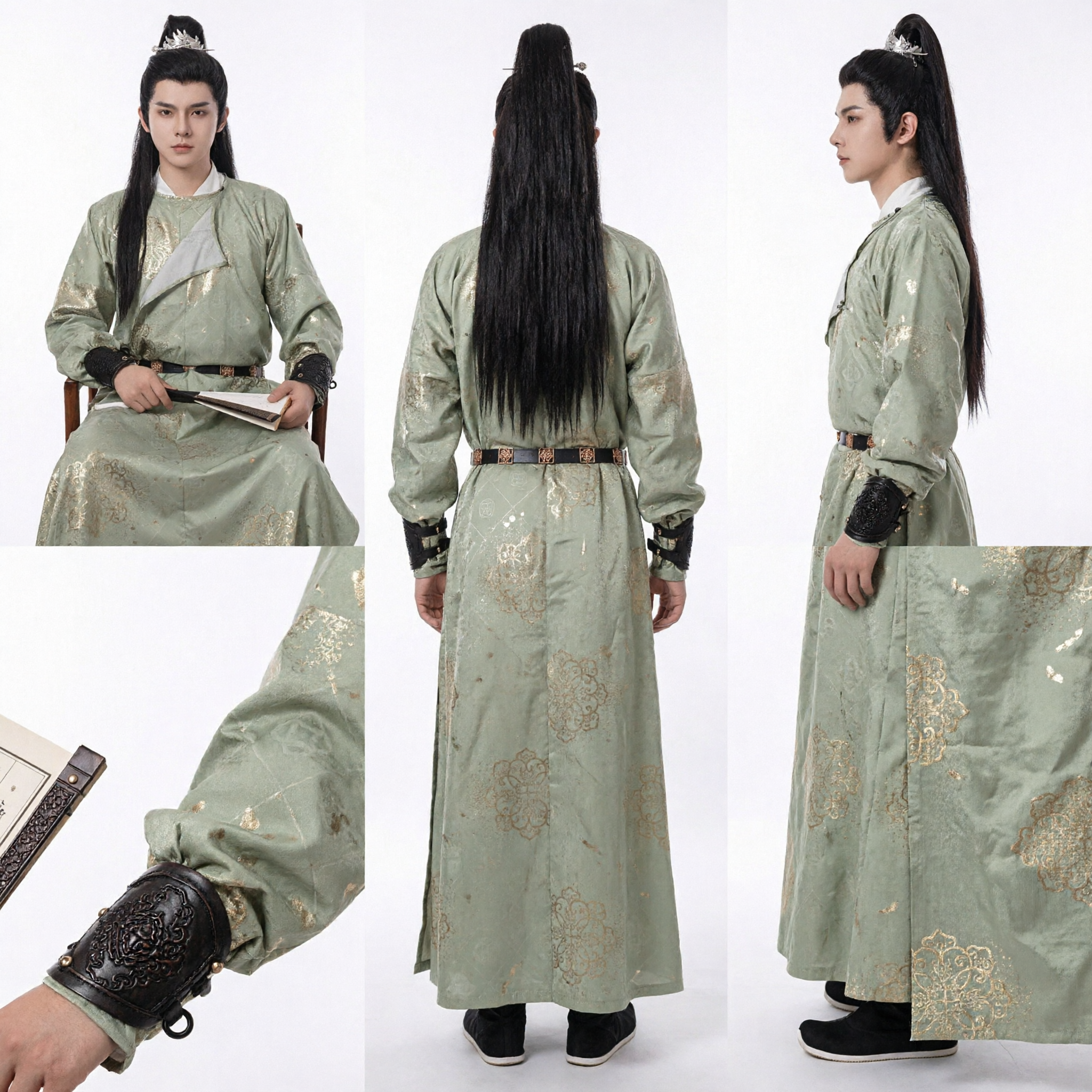 Men's Elegant Green Hanfu Robe Traditional Chinese Ancient Wuxia Swordsman Costume for Cosplay