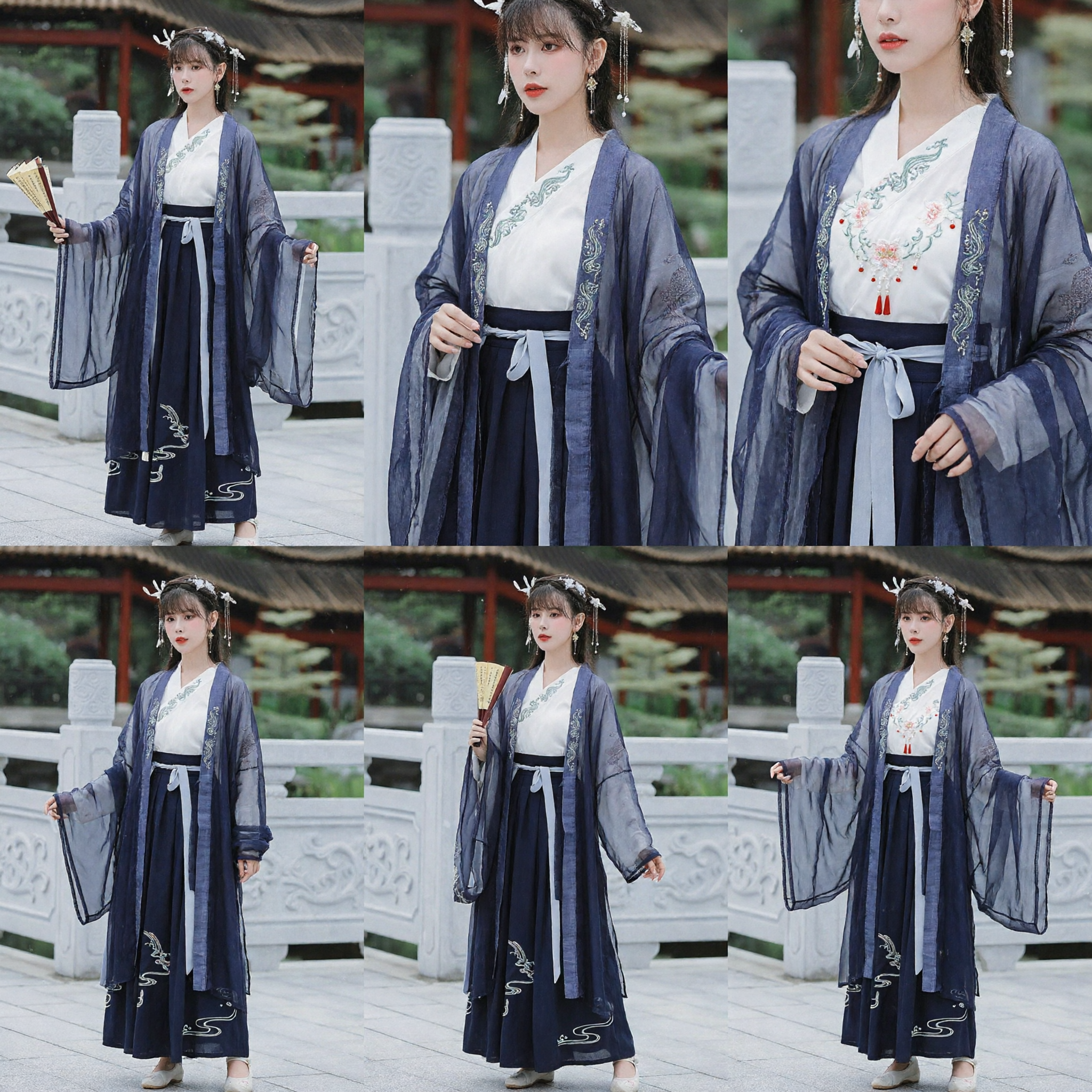 Elegant Traditional Chinese Hanfu Ancient Costume Blue Embroidered Sheer Outer Robe and Long Skirt Set for Women