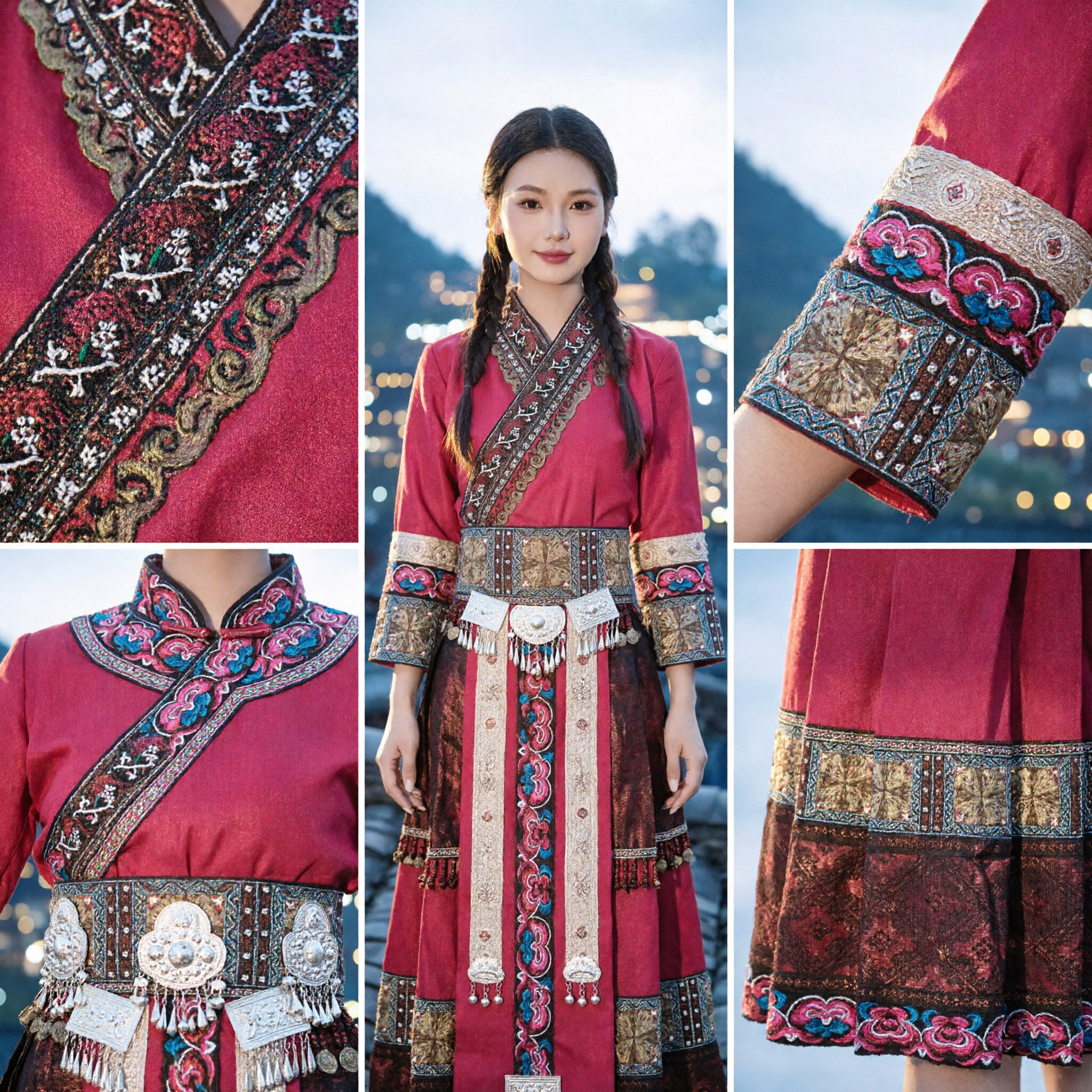 Women's Traditional Chinese Miao Ethnic Costume Pink Brocade Dress for Folk Dance Stage Performance and Cultural Events