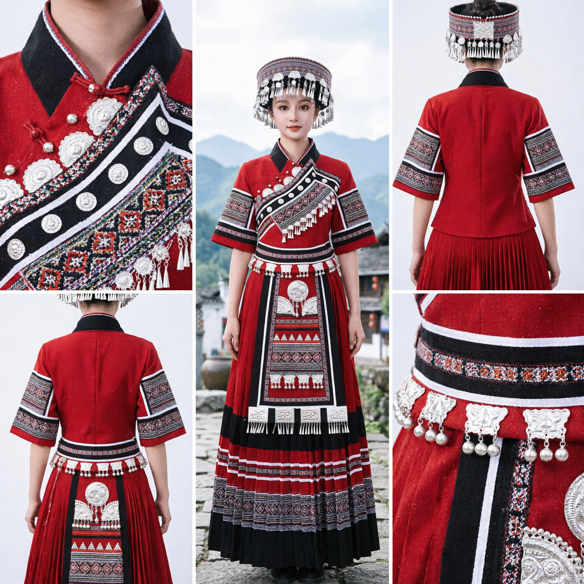 Traditional Chinese Hmong Miao Ethnic Costume Red Embroidery Folk Dance Dress for Women Stage Performance