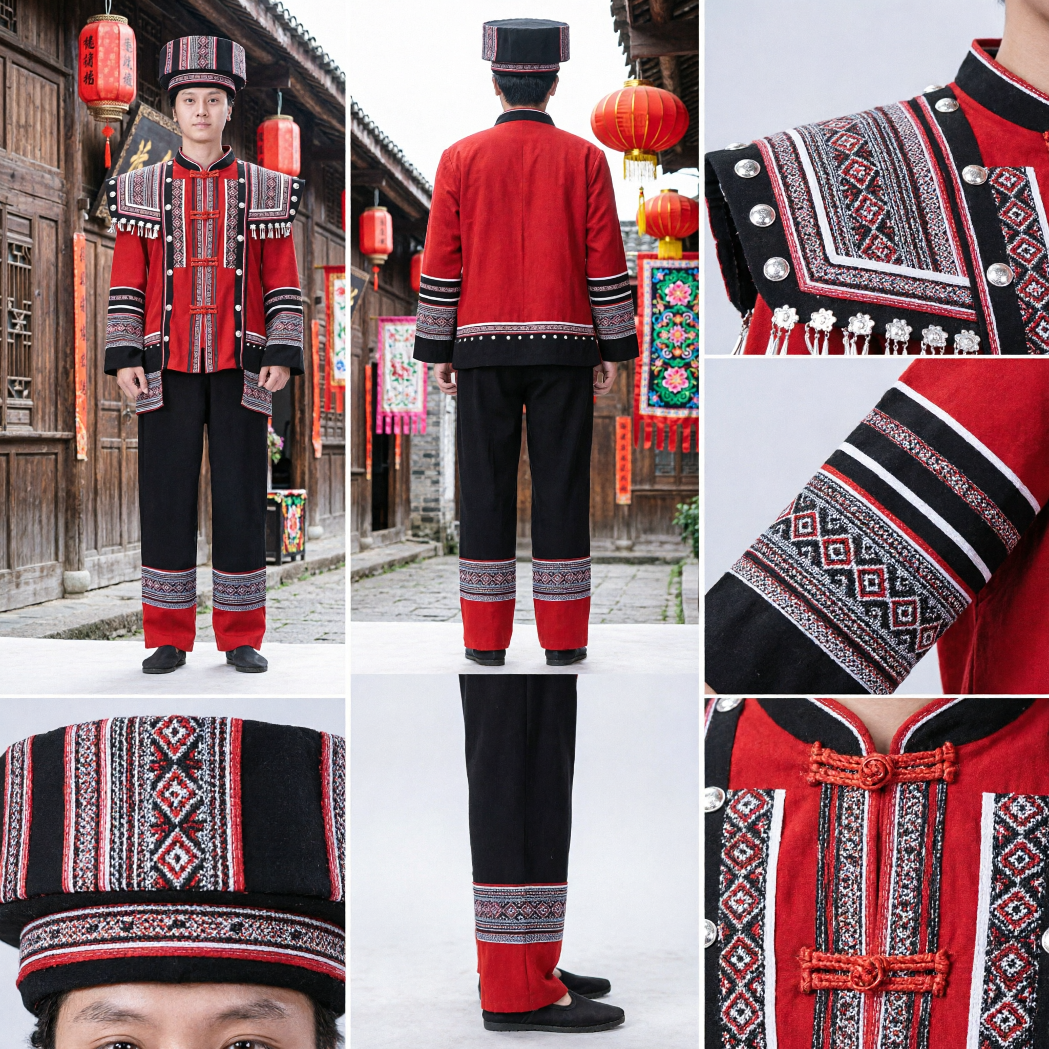 Traditional Chinese Yao Minority Ethnic Costume Men's Red Embroidered Folk Dance Stage Performance Outfit with Hat