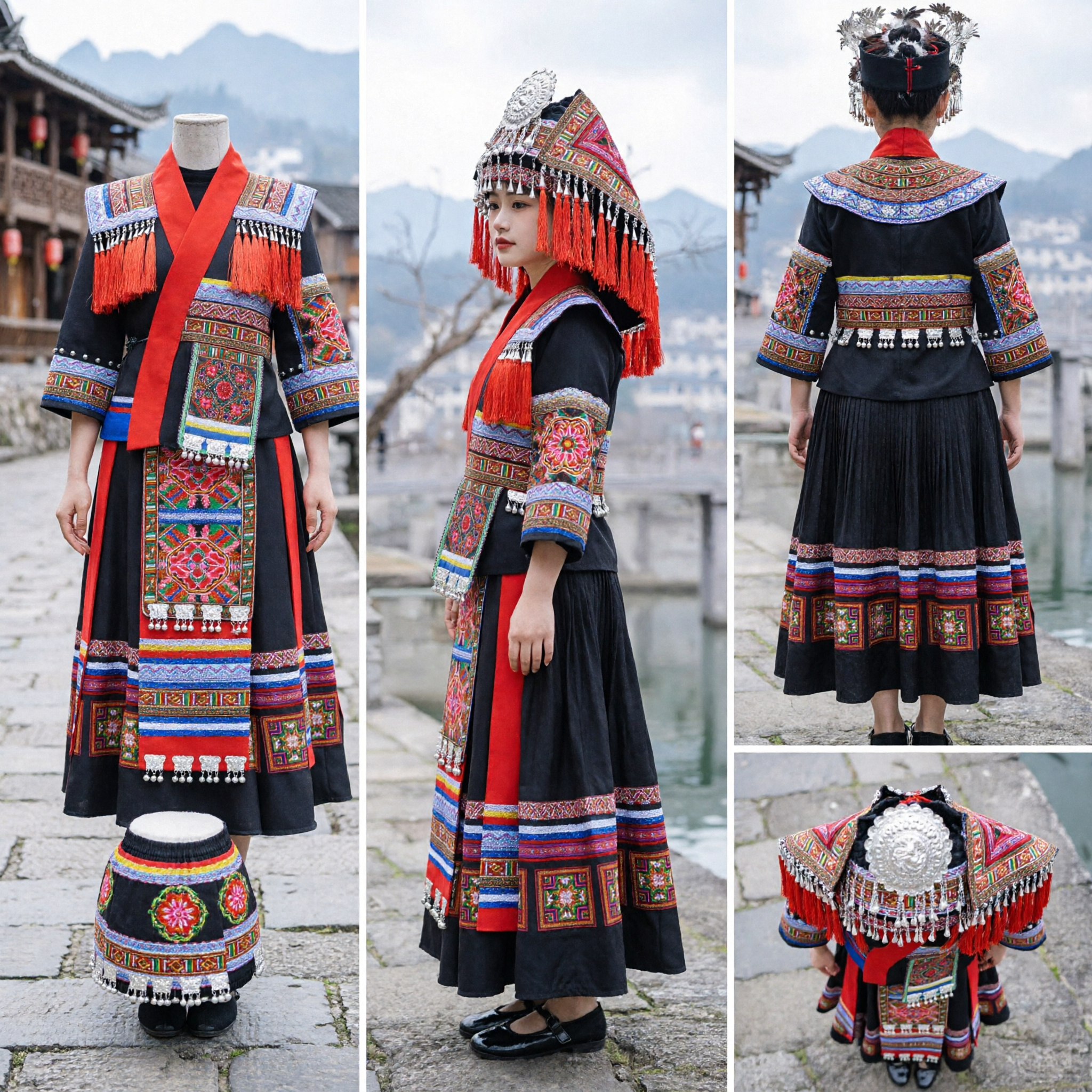 Women's Traditional Chinese Zhuang Ethnic Minority Folk Dance Costume Complete Set with Embroidered Dress and Silver Headdress