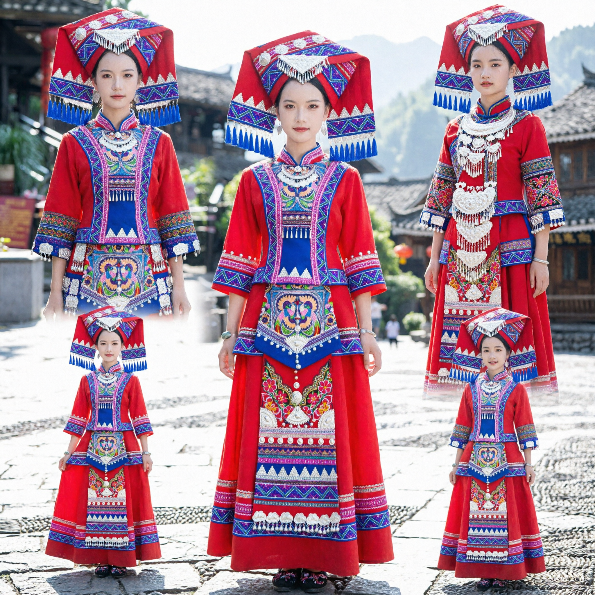 Traditional Chinese Zhuang Ethnic Costume Red Embroidered Dress and Headdress for Women Festival Performance