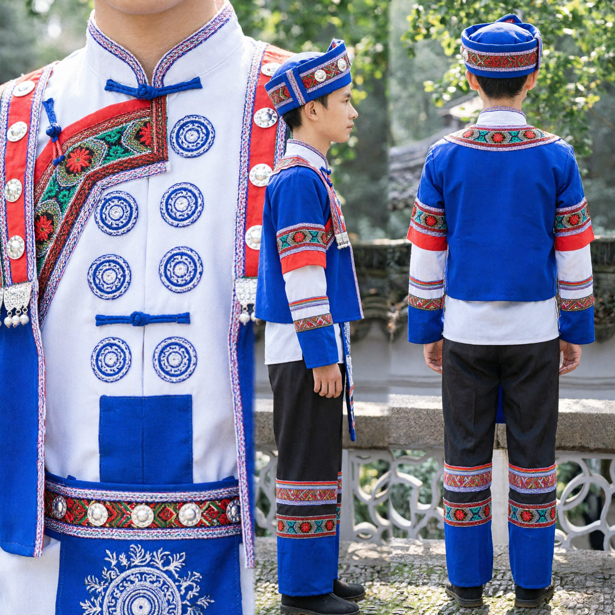Men's Traditional Chinese Ethnic Minority Costume Blue Embroidery Folk Dance Performance Cultural Outfit Set