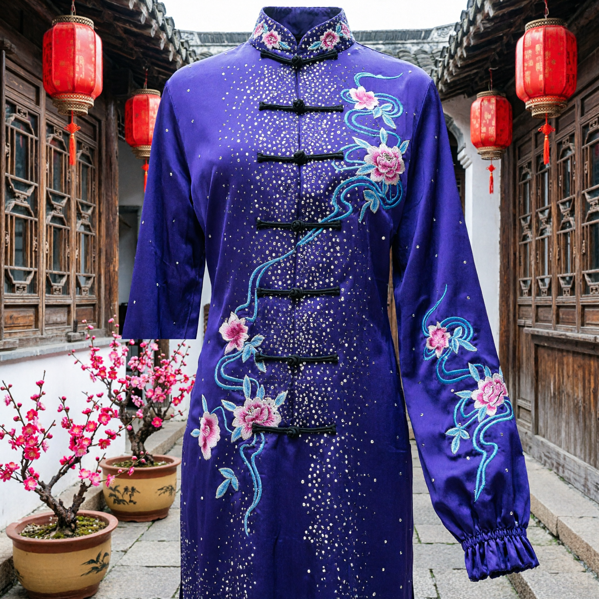Women's Purple Satin Tai Chi Uniform Traditional Chinese Kung Fu Suit with Floral Embroidery and Rhinestones