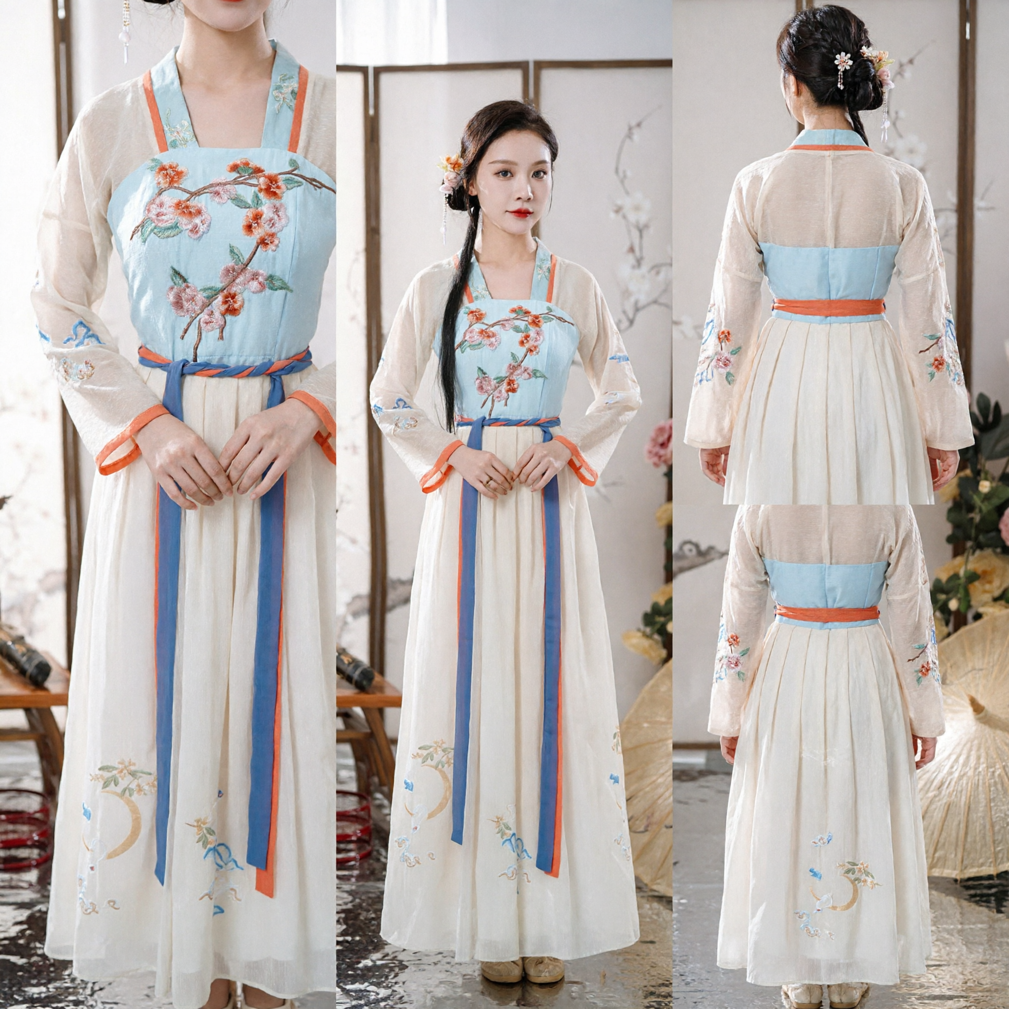 Elegant Chinese Traditional Hanfu Tang Dynasty Ruqun Set Embroidered Floral Fairy Dress for Women