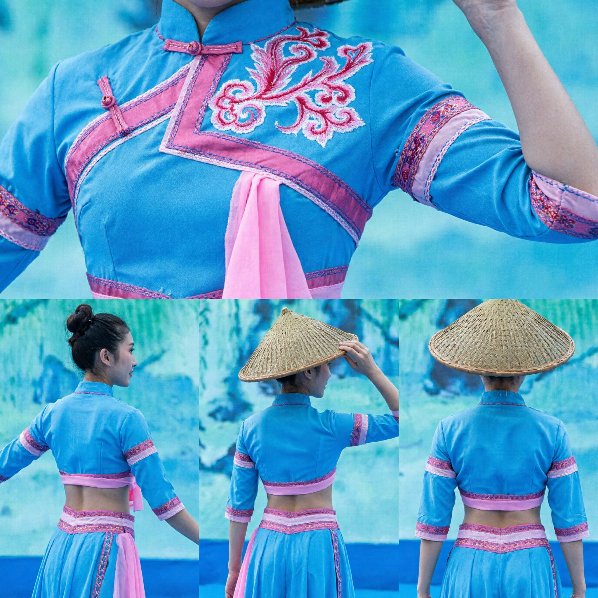 Traditional Chinese Blue Folk Dance Costume Set with Pink Trim and Straw Hat for Women Stage Performance