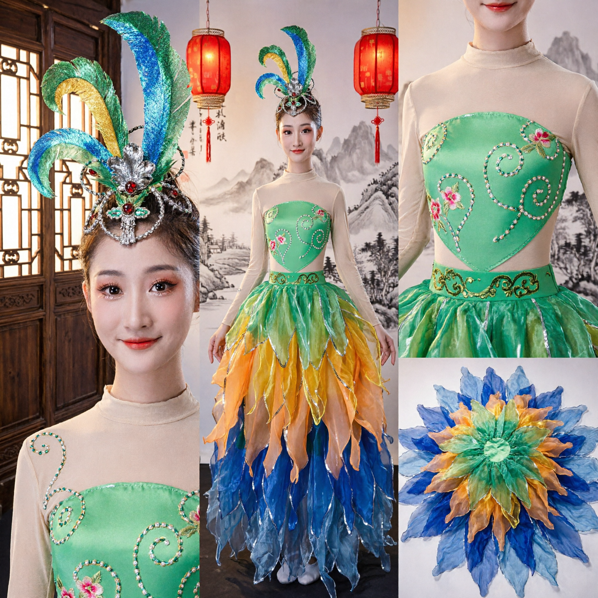 Children's Chinese Peacock Dance Costume Colorful Layered Feather Skirt Stage Performance Dress for Girls