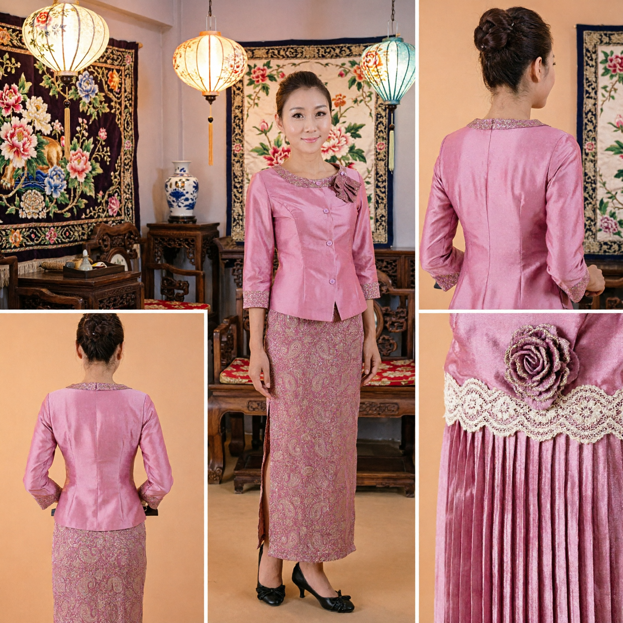 Elegant Pink Thai Traditional Silk Blouse and Paisley Sinh Skirt Set for Spa Hostess Uniform