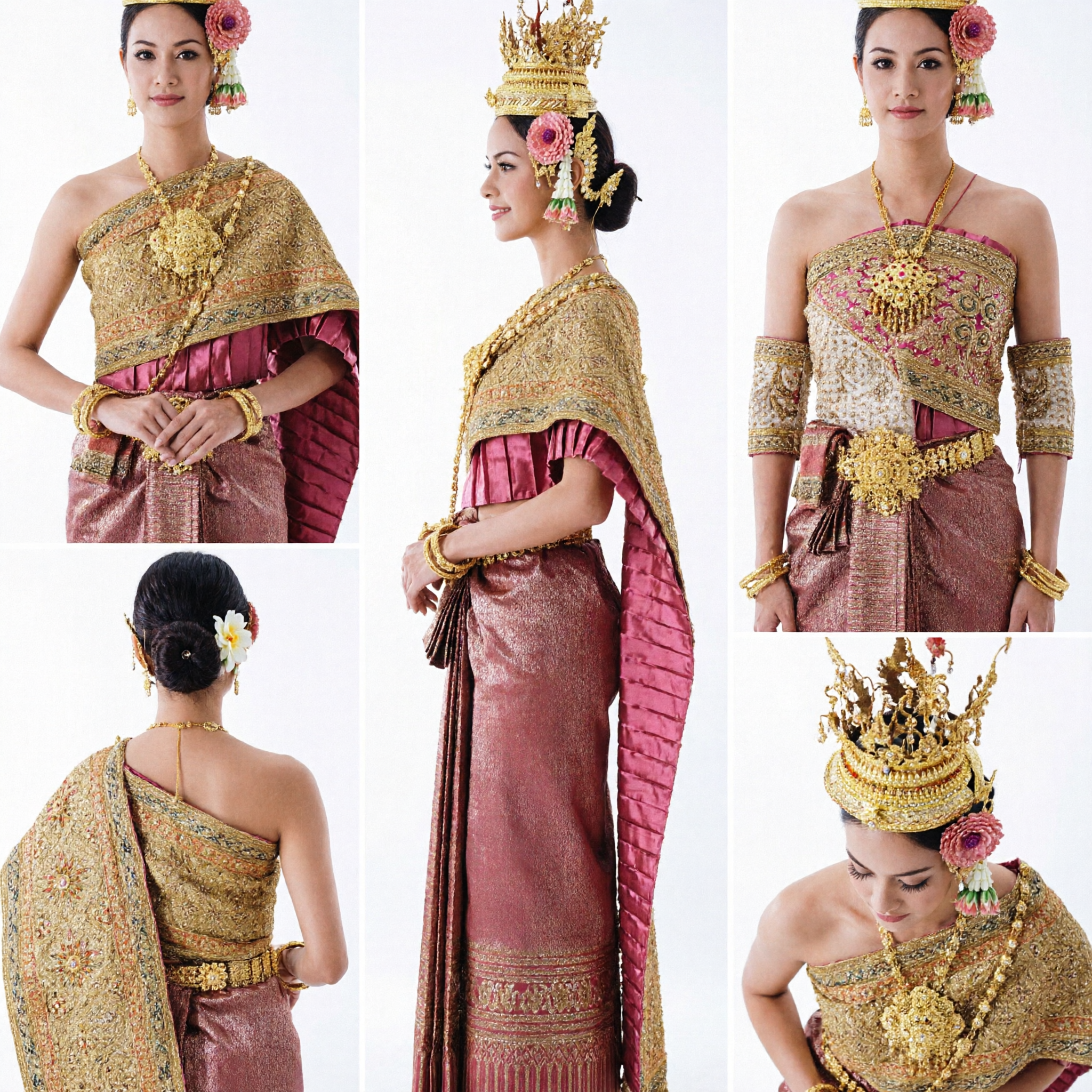 Luxurious Traditional Thai Dance Costume for Women featuring Golden Crown, Embroidered Shawl, and Silk Skirt