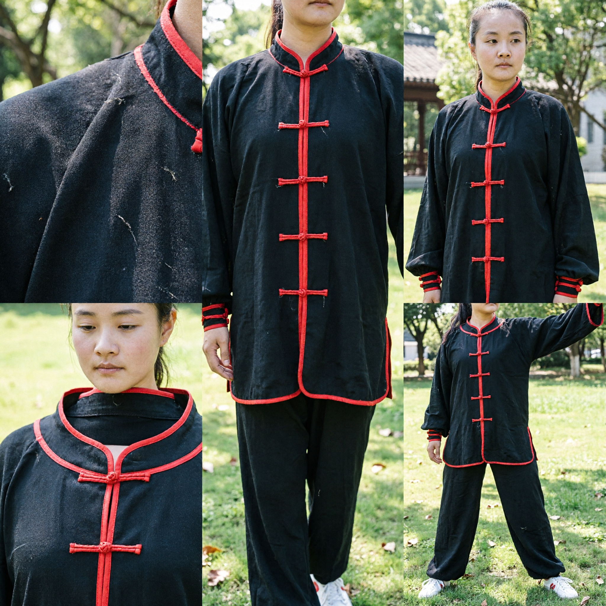 Women's Traditional Black Tai Chi Uniform Kung Fu Suit with Red Trim for Martial Arts Practice