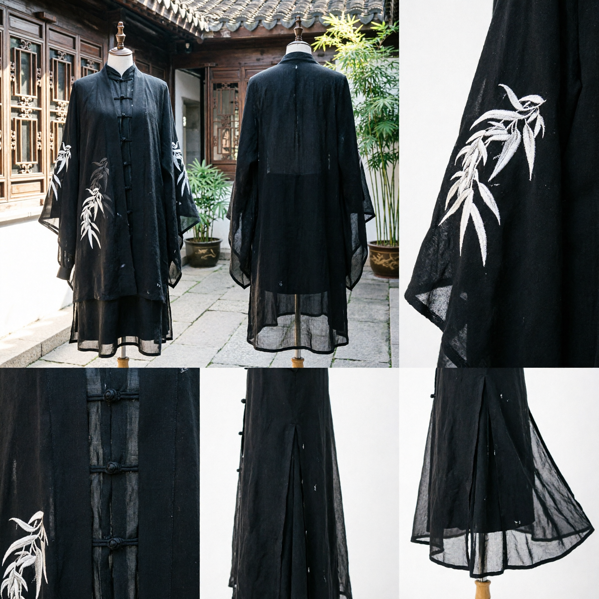 Black Chinese Style Bamboo Embroidery Cape Shawl Mandarin Collar Frog Button Loose Poncho Top for Women