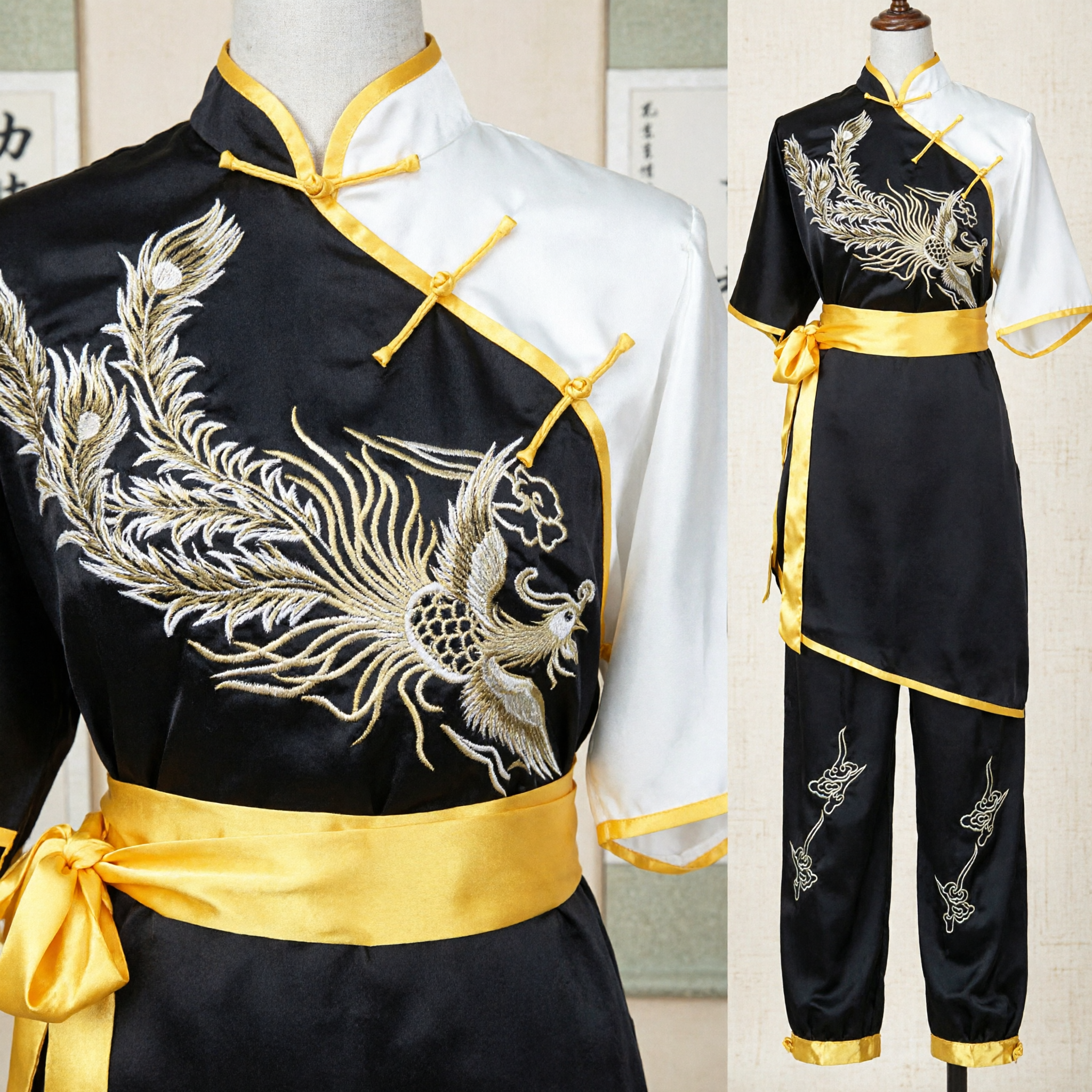 Unisex Chinese Martial Arts Kung Fu Uniform Wushu Costume with Phoenix Embroidery for Performance Cosplay