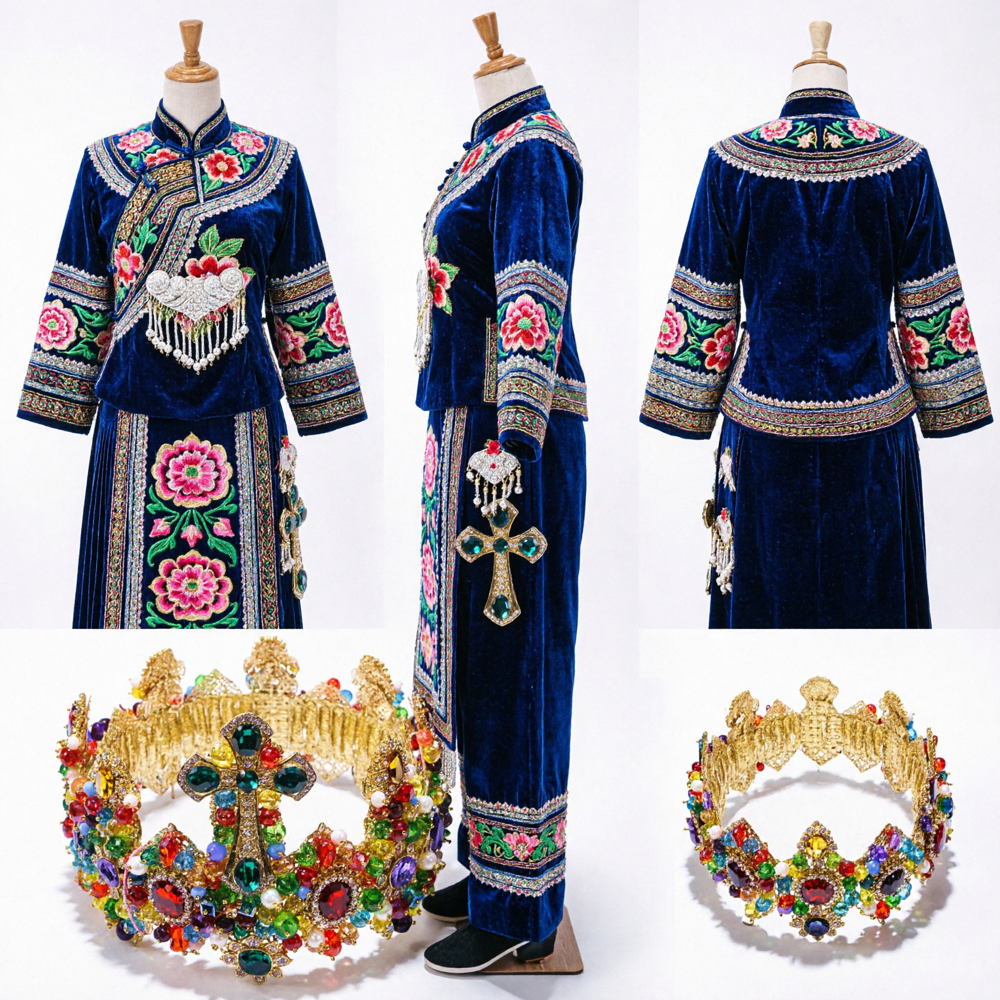 Ornate Gold Religious Crown and Cross Earring Set with Multi-Color Rhinestones for Statues and Pageants