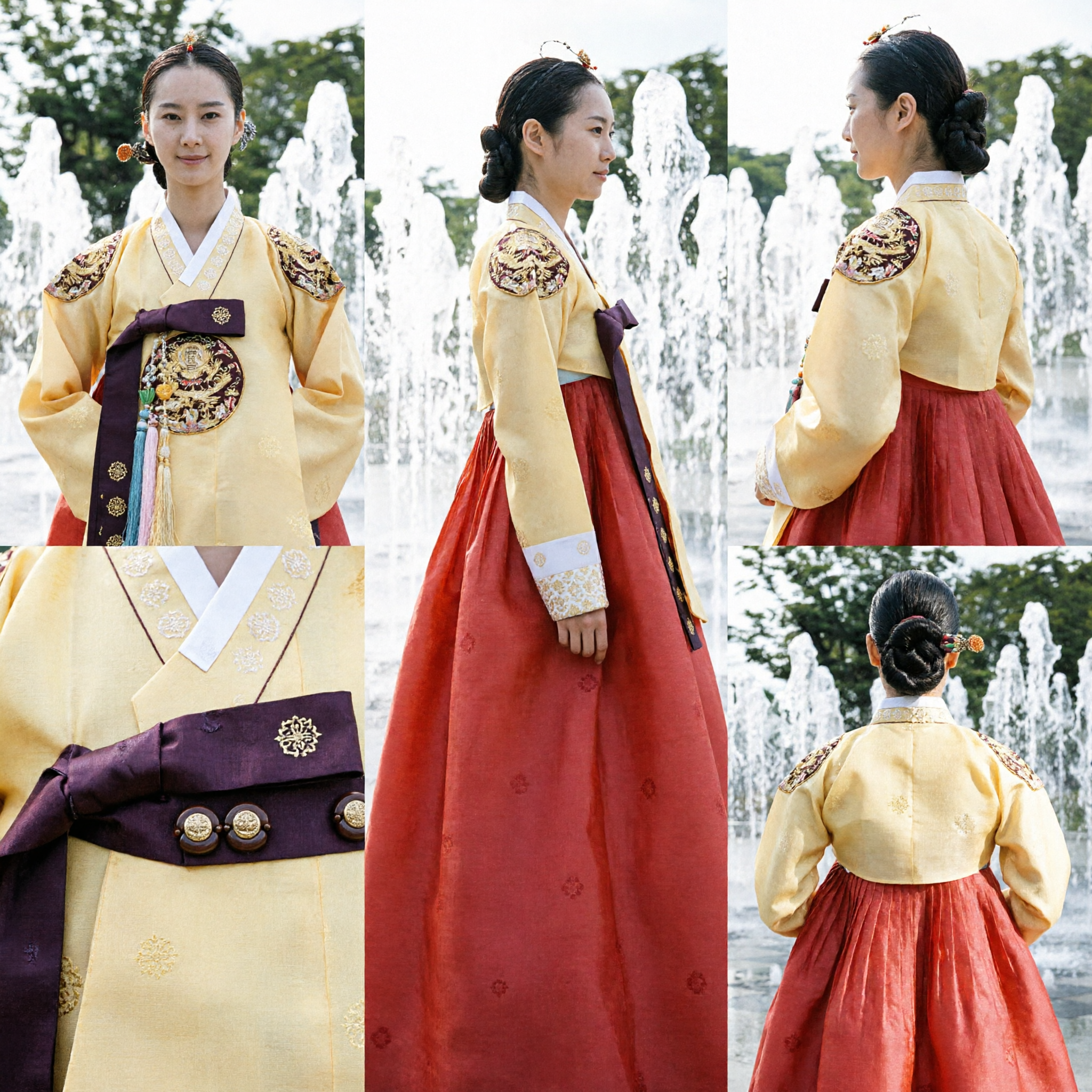 Women's Traditional Korean Hanbok Royal Palace Costume Yellow Embroidered Top and Red Skirt Set