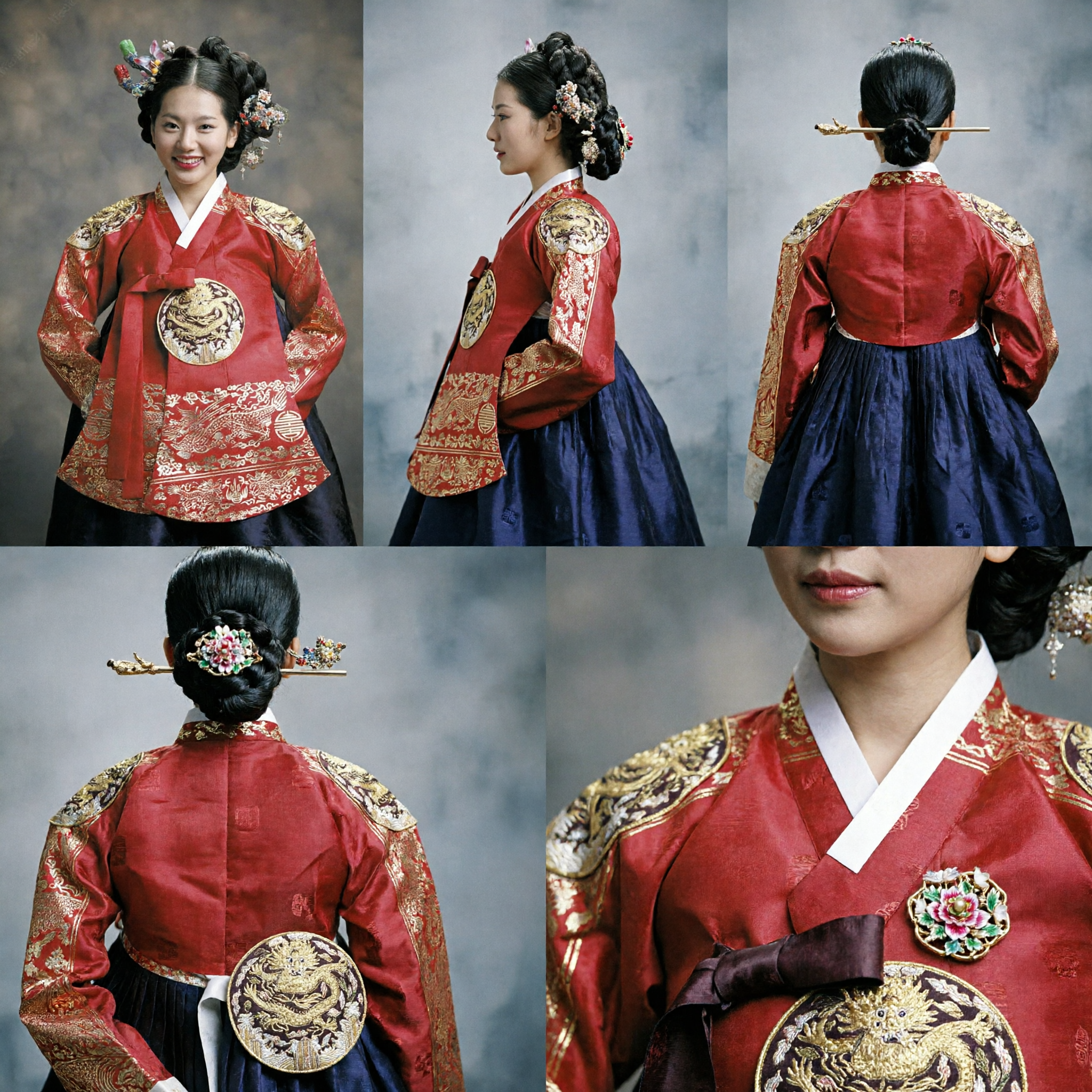 Women's Traditional Korean Hanbok Red Royal Wedding Dress Elaborate Gold Embroidery Bridal Costume