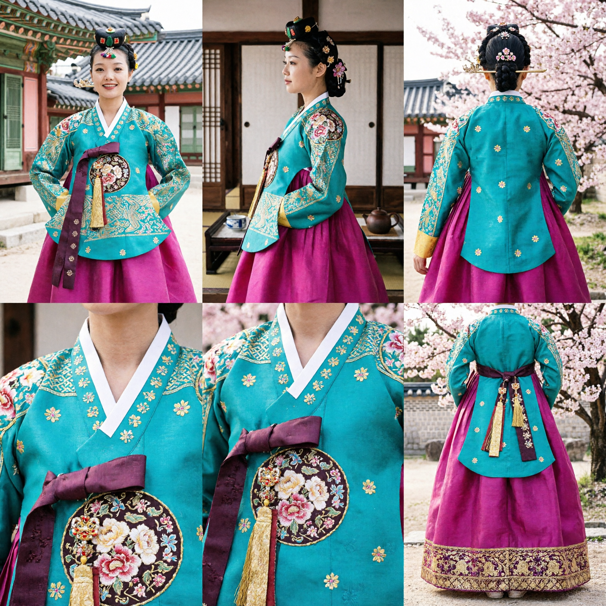 Women's Traditional Korean Hanbok Dress Teal Embroidered Jeogori and Pink Chima for Cultural Events