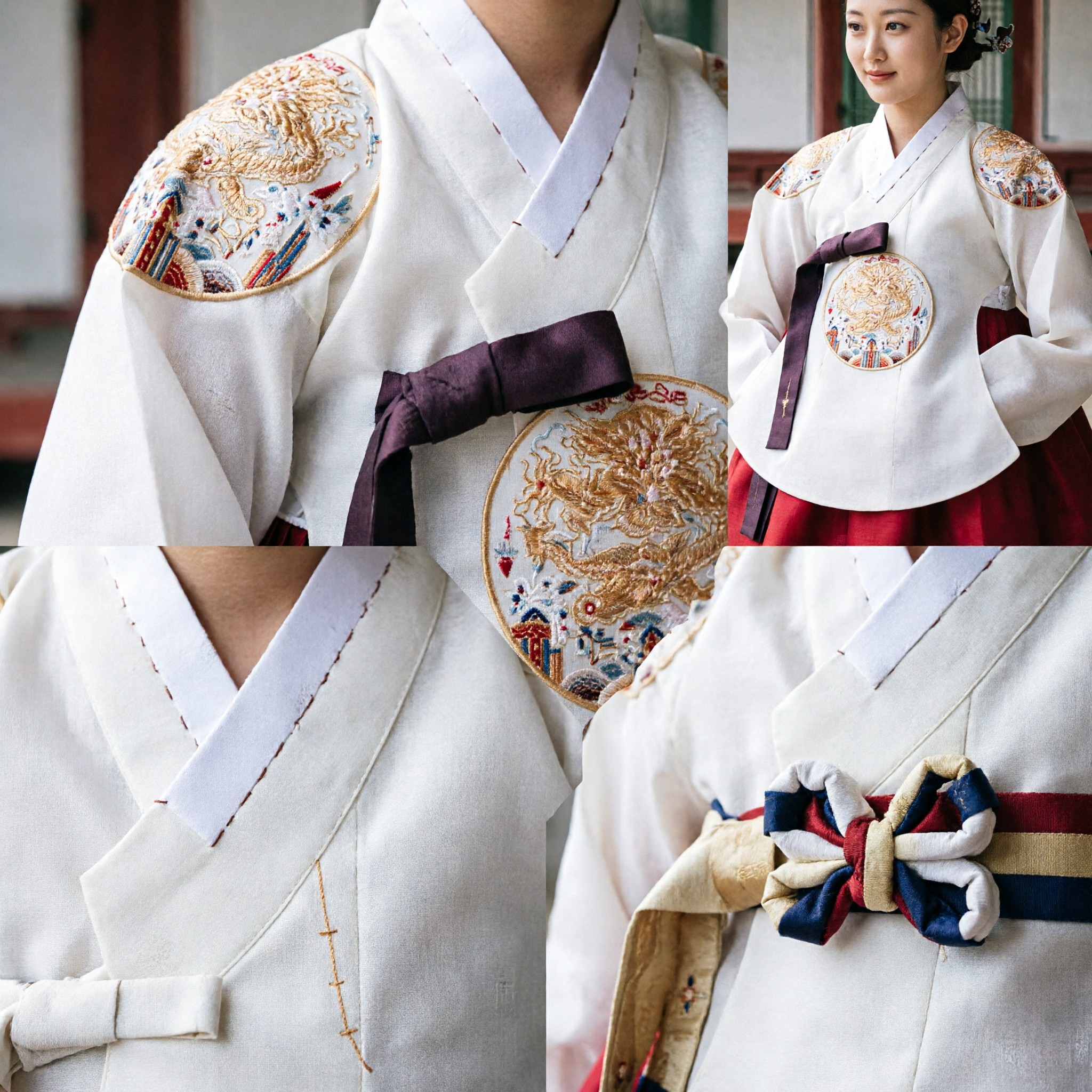 Traditional Korean Hanbok Wedding Dress for Women - White Jeogori with Gold Embroidery and Red Chima