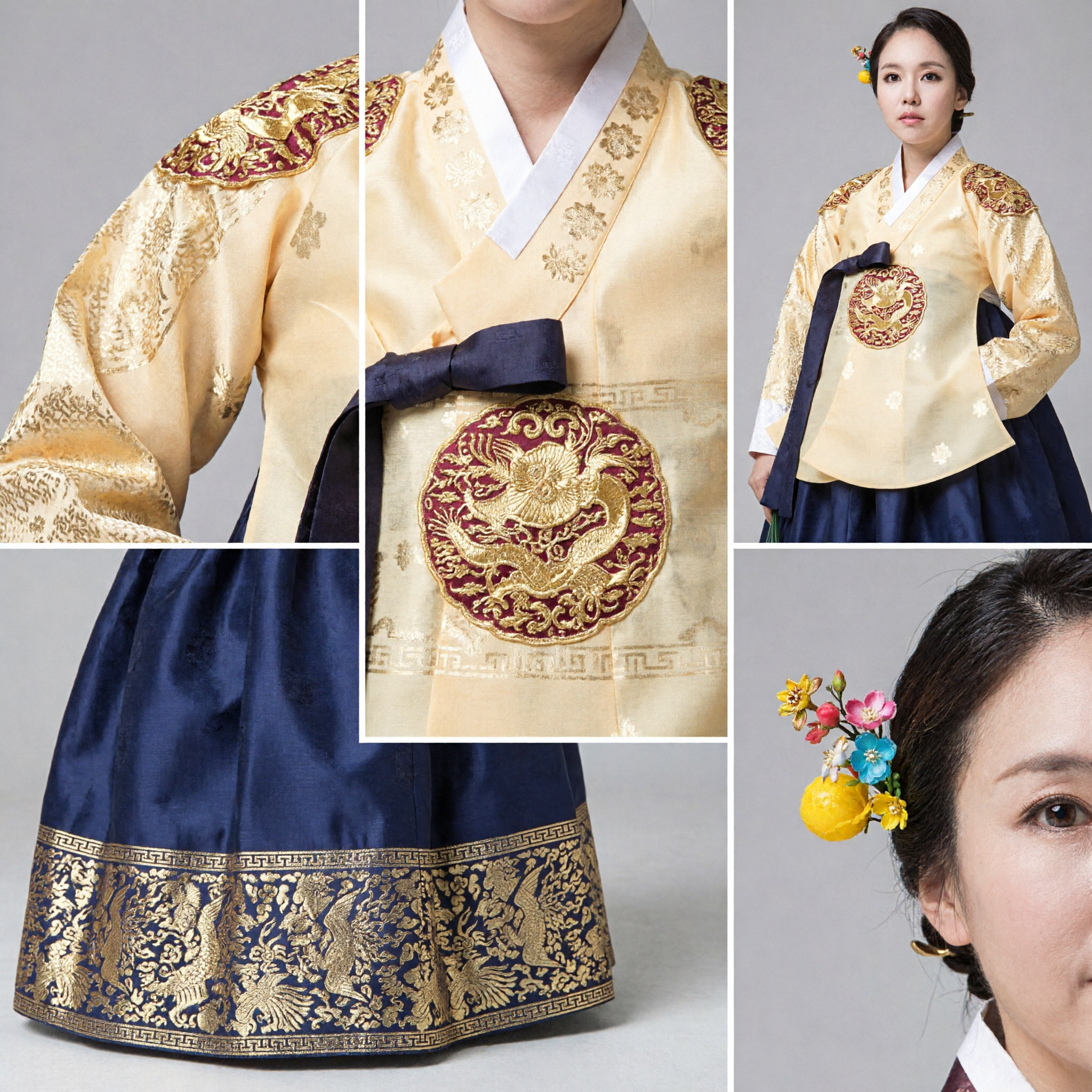 Women's Traditional Korean Hanbok Dress Gold Embroidered Jeogori and Navy Blue Chima for Weddings and Ceremonies