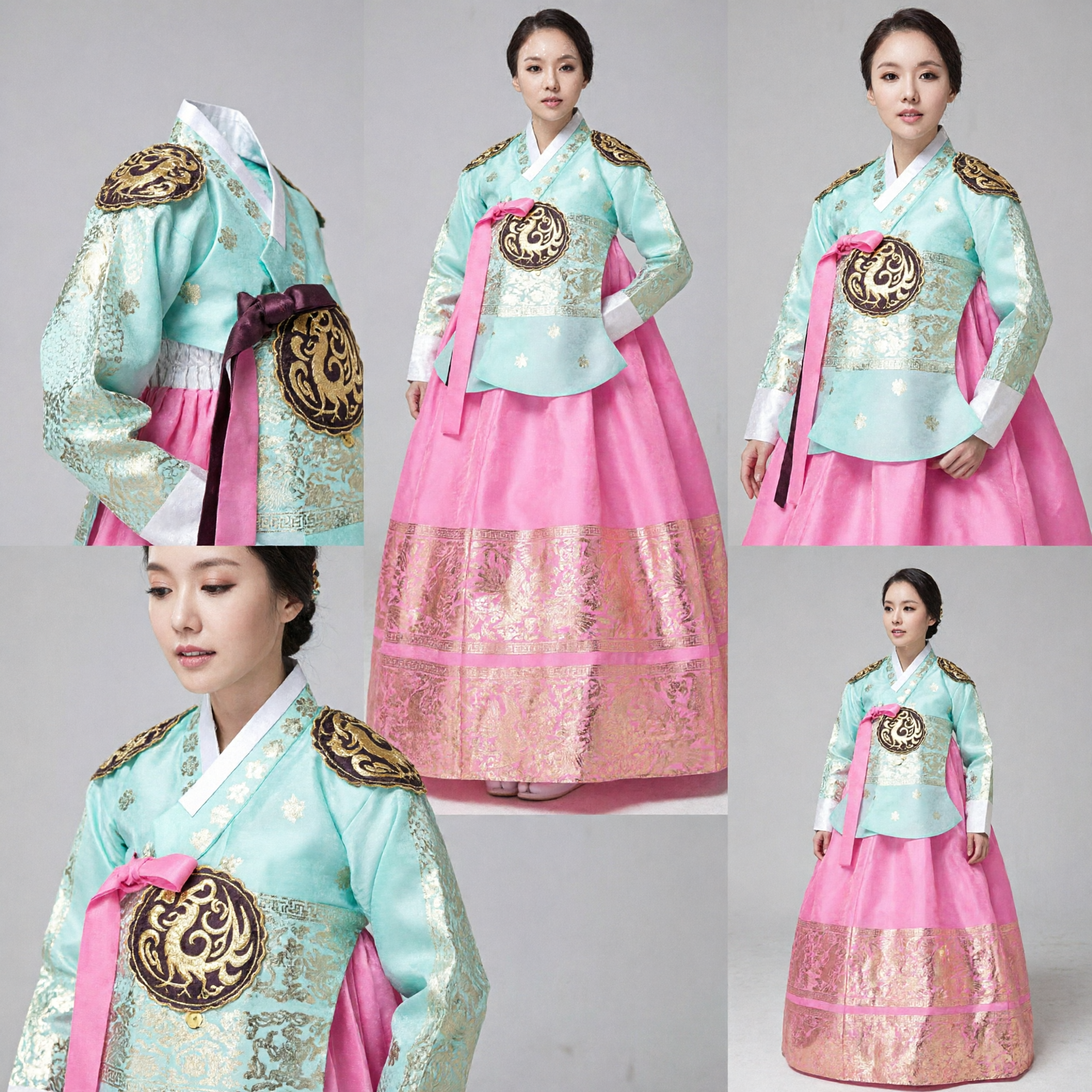 Women's Traditional Korean Hanbok Royal Palace Style Mint Blue and Pink Embroidered Dress for Wedding Performance