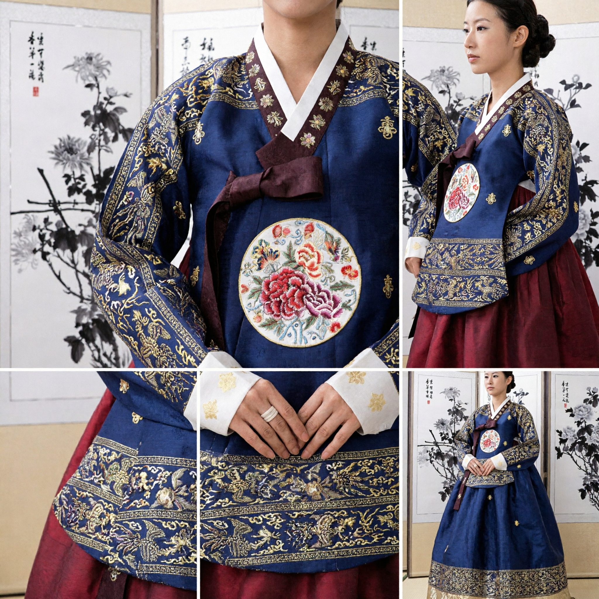 Elegant Navy Blue Korean Hanbok Traditional Dress with Gold Embroidery for Women Formal Occasions