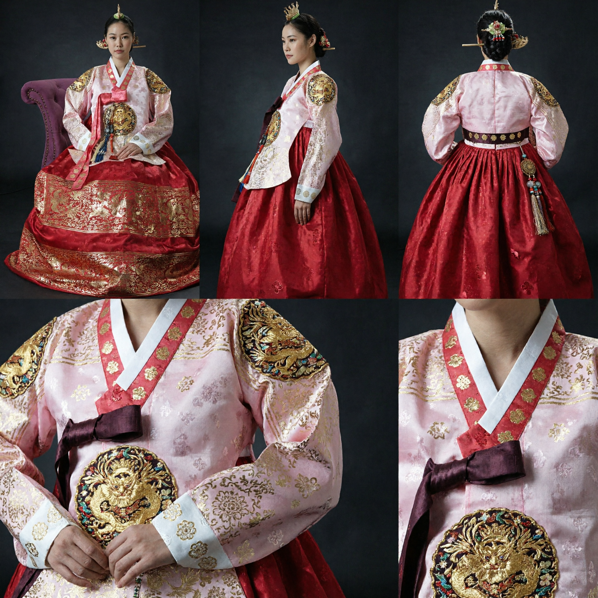 Traditional Korean Hanbok for Women Royal Palace Style Pink and Red Silk Dress with Gold Embroidery