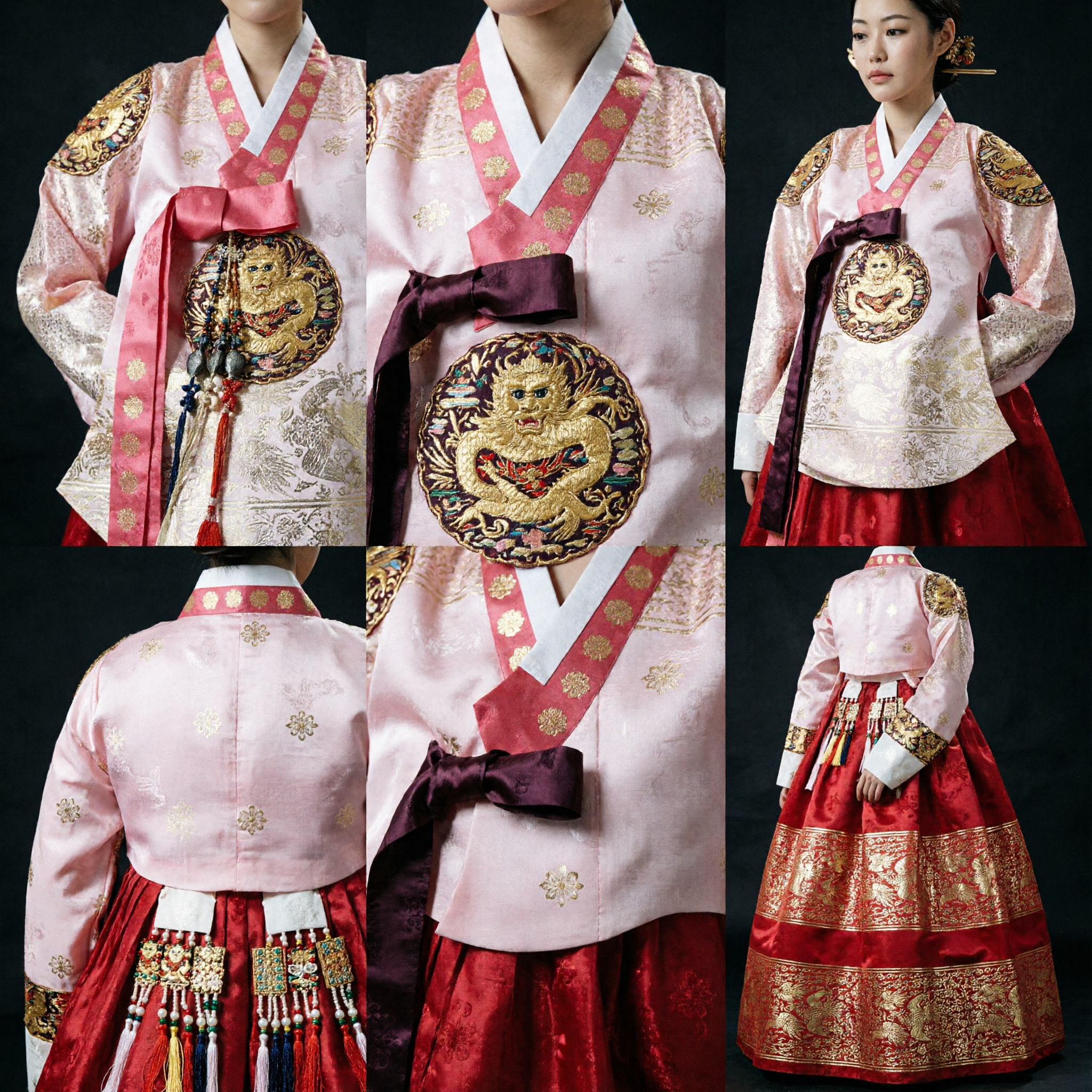 Women's Luxury Korean Hanbok Traditional Royal Court Style Red Skirt Pink Top Gold Dragon Embroidery Wedding Costume