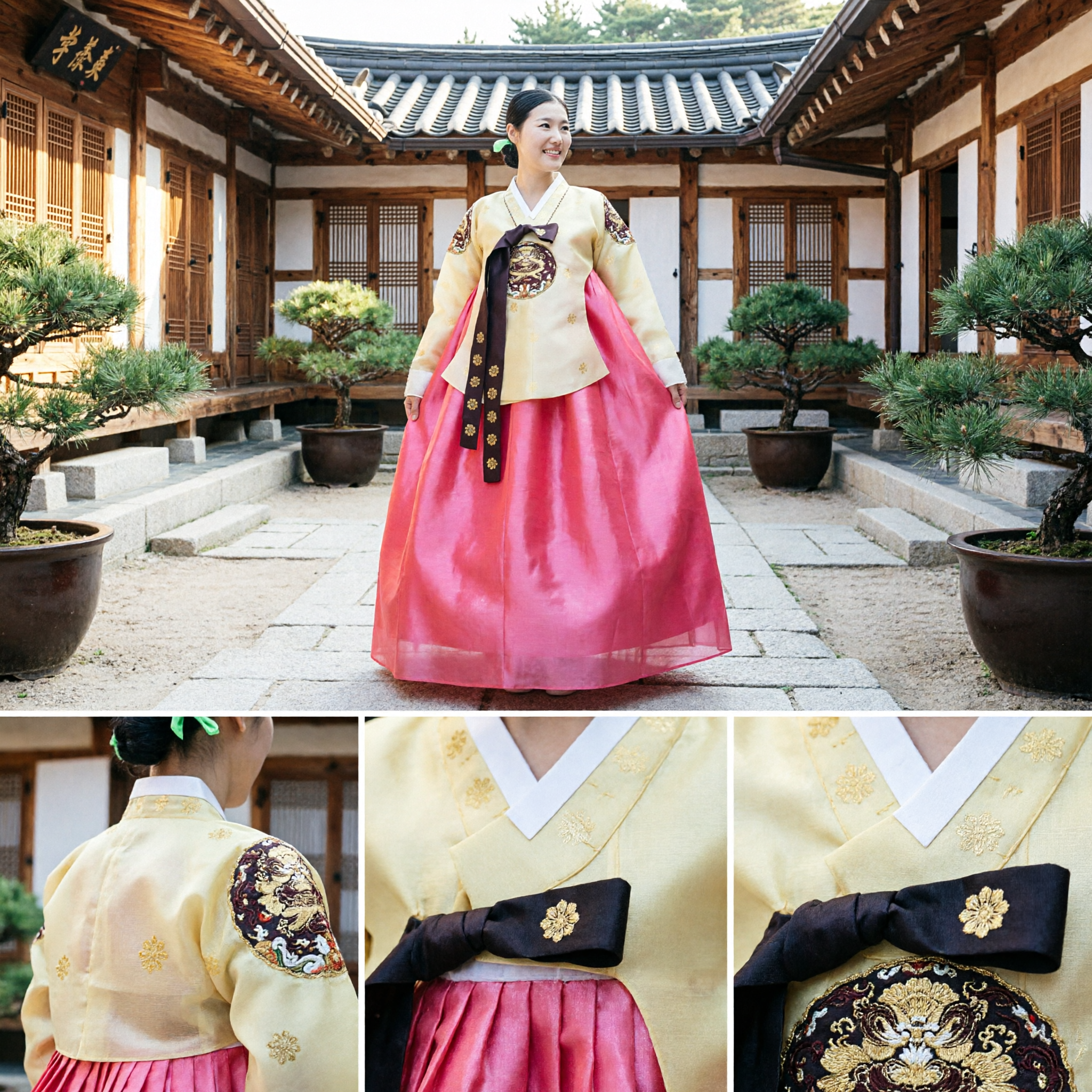 Traditional Korean Hanbok Palace Style Women's Dress Yellow Top Pink Skirt Embroidered Wedding Costume