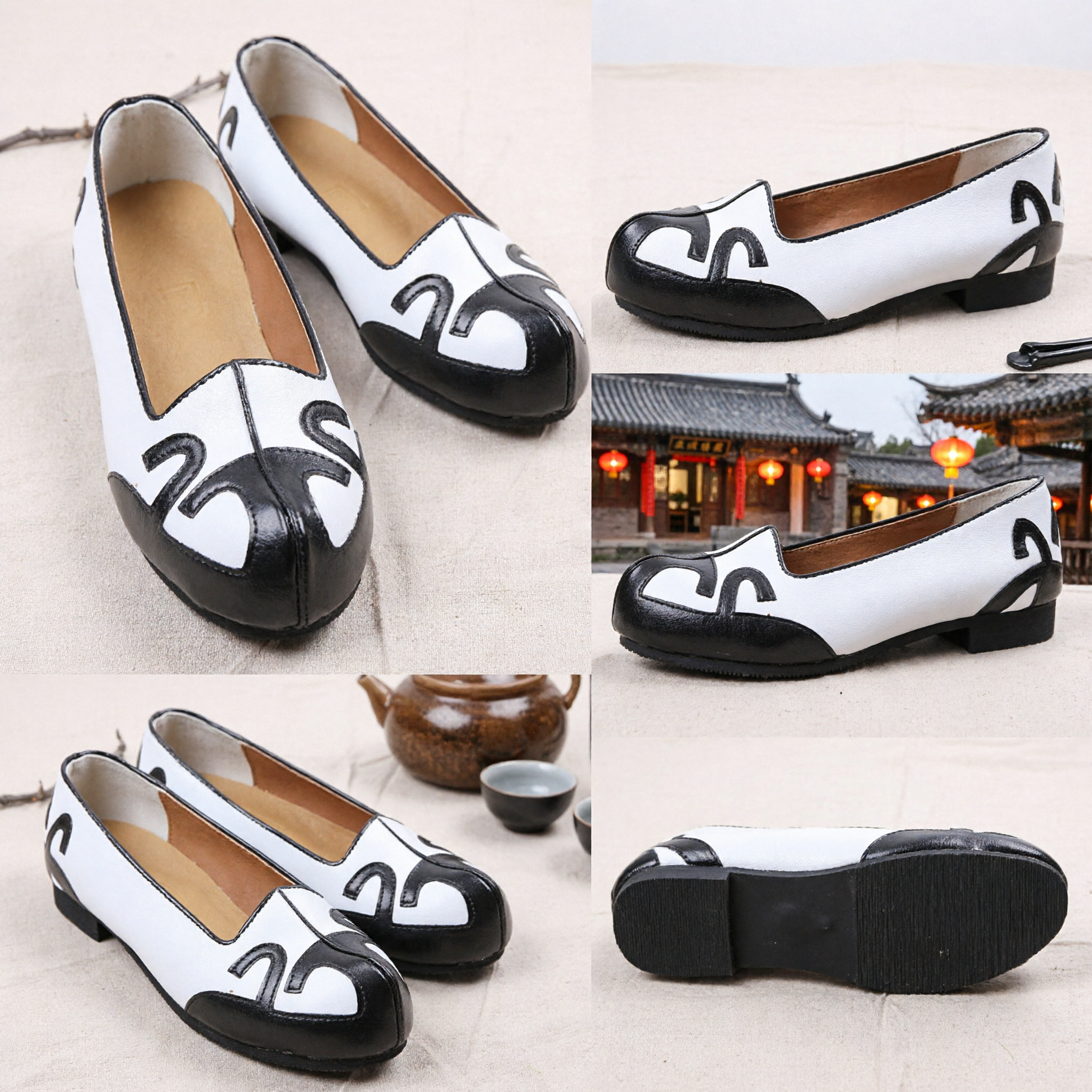 Traditional Chinese Black and White Cloud Pattern Cloth Shoes Hanfu Costume Flats for Women and Men