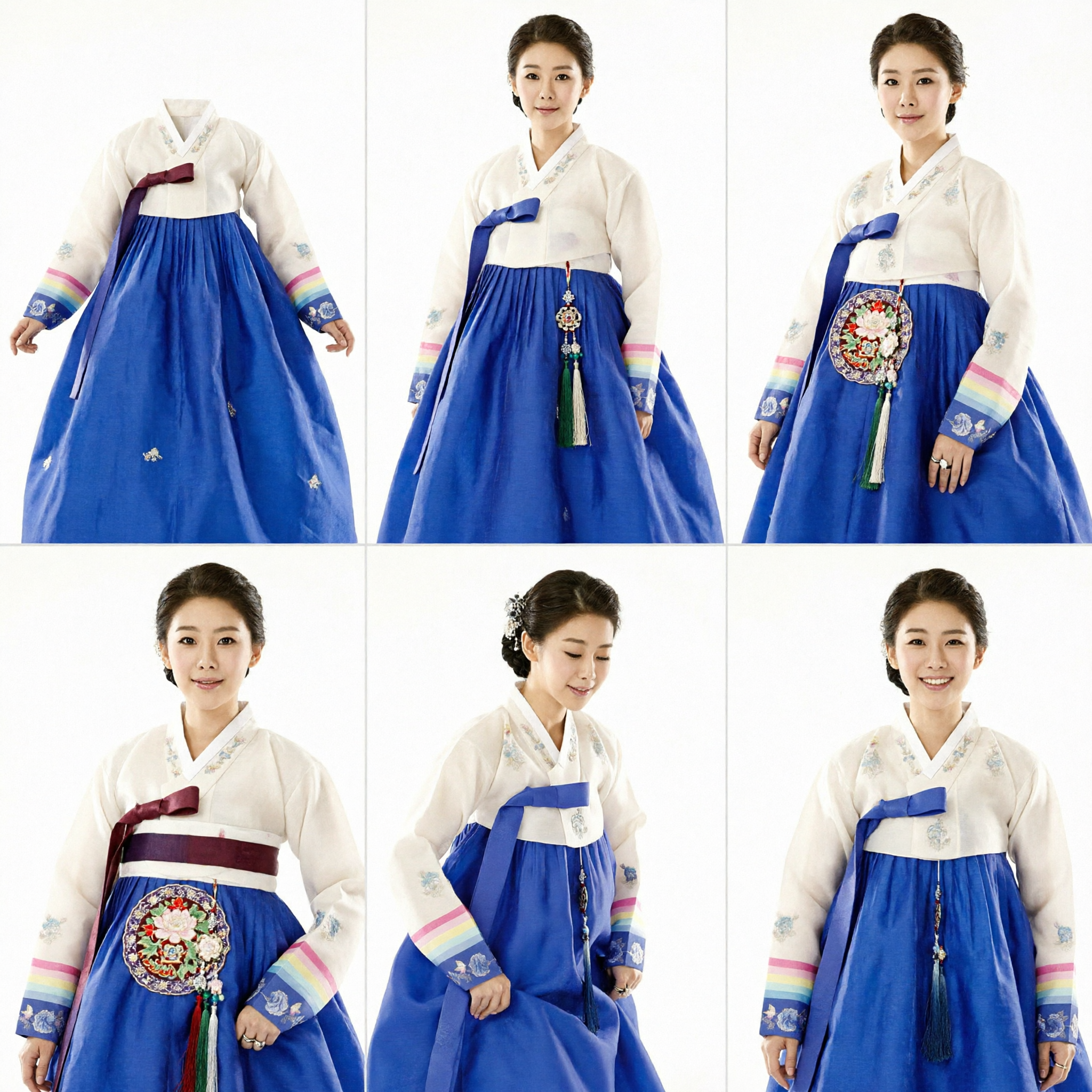 Elegant Traditional Korean Hanbok for Women White Embroidered Jeogori and Royal Blue Chima Dress Set
