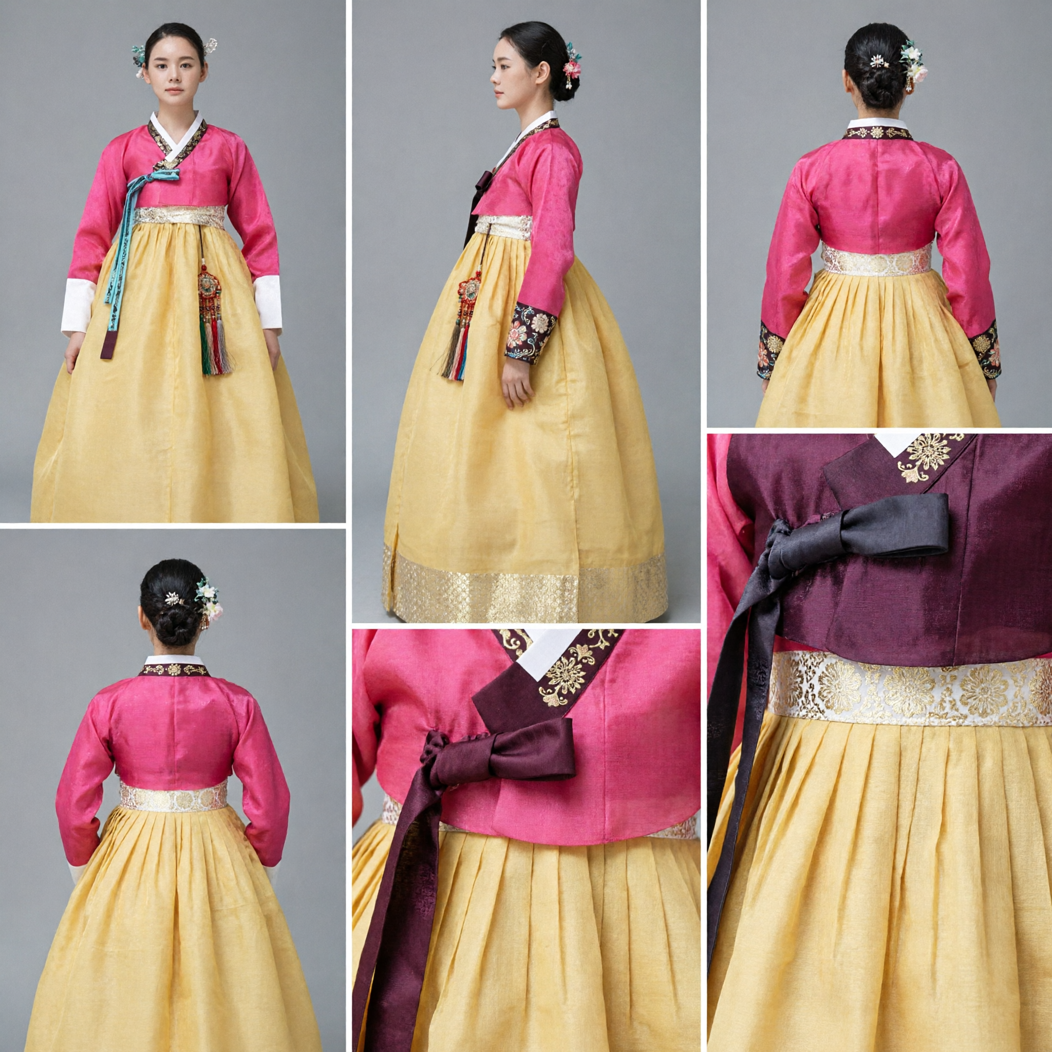 Women's Traditional Korean Hanbok Pink Jeogori and Yellow Chima Dress Set for Wedding and Festivals