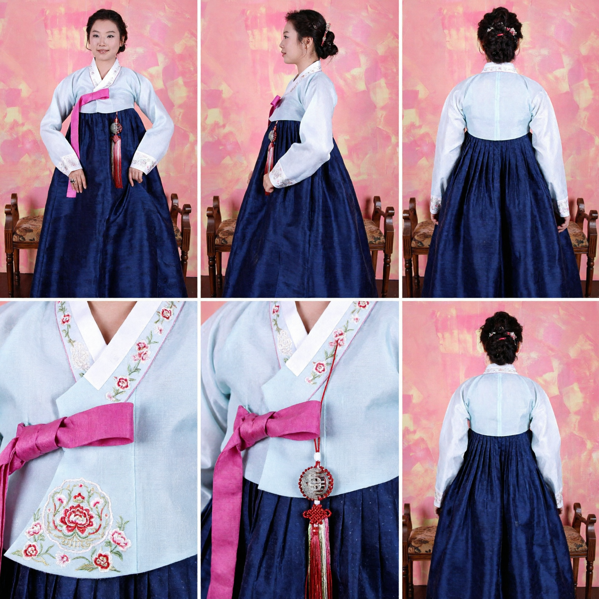 Elegant Women's Traditional Korean Hanbok Dress Blue Chima White Jeogori for Wedding and Festivals