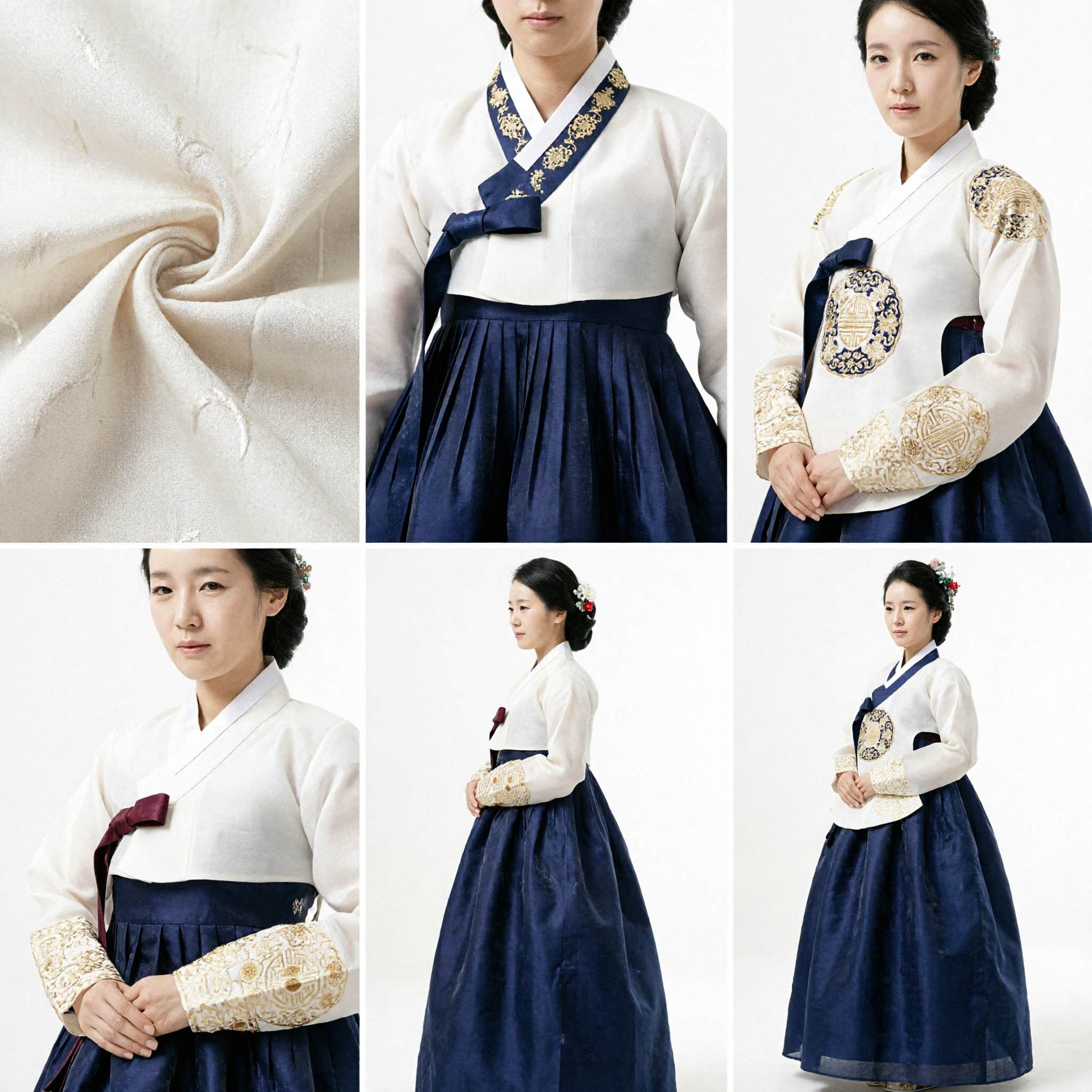 Traditional Korean Hanbok for Women White Lace Jeogori and Navy Blue Chima Formal Wedding Dress