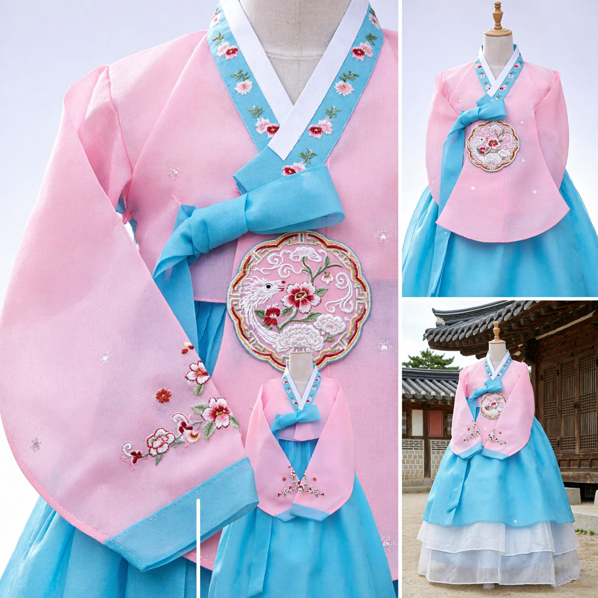 Traditional Korean Hanbok Dress Pink and Blue Floral Embroidery Costume for Women Wedding Party Performance
