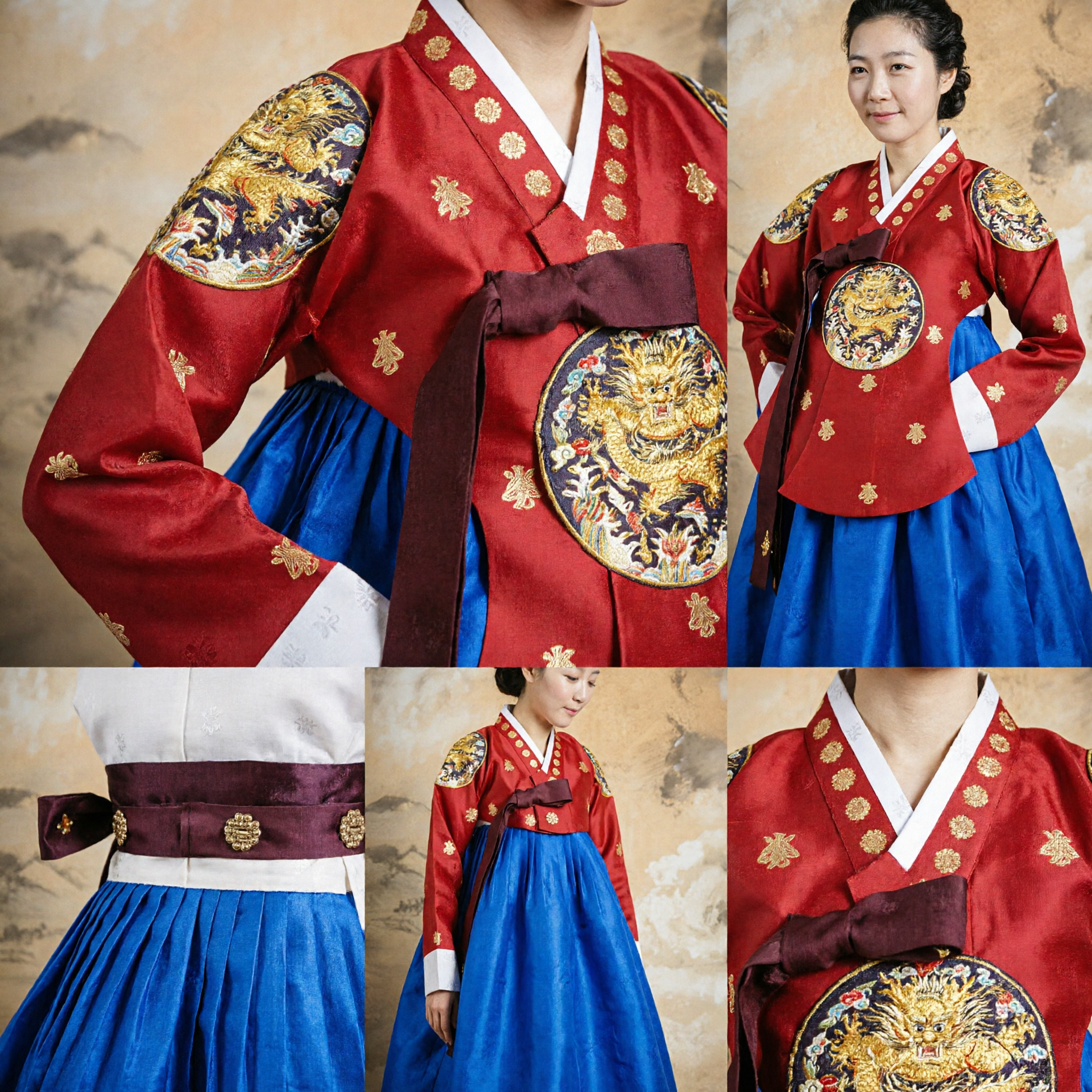 Women's Traditional Korean Hanbok Red and Blue Silk Dress with Gold Embroidery for Wedding Ceremonies