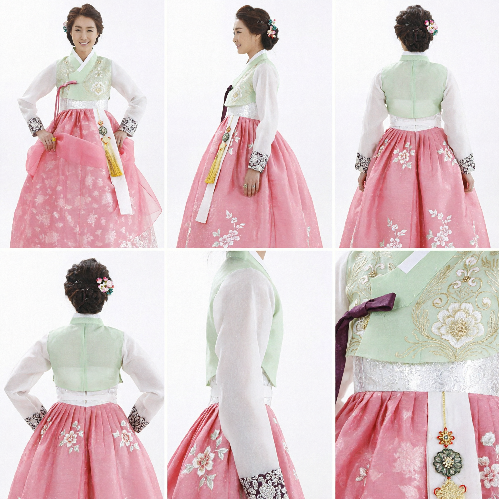 Elegant Traditional Korean Hanbok for Women Pink Floral Chima and Mint Green Jeogori for Festivals