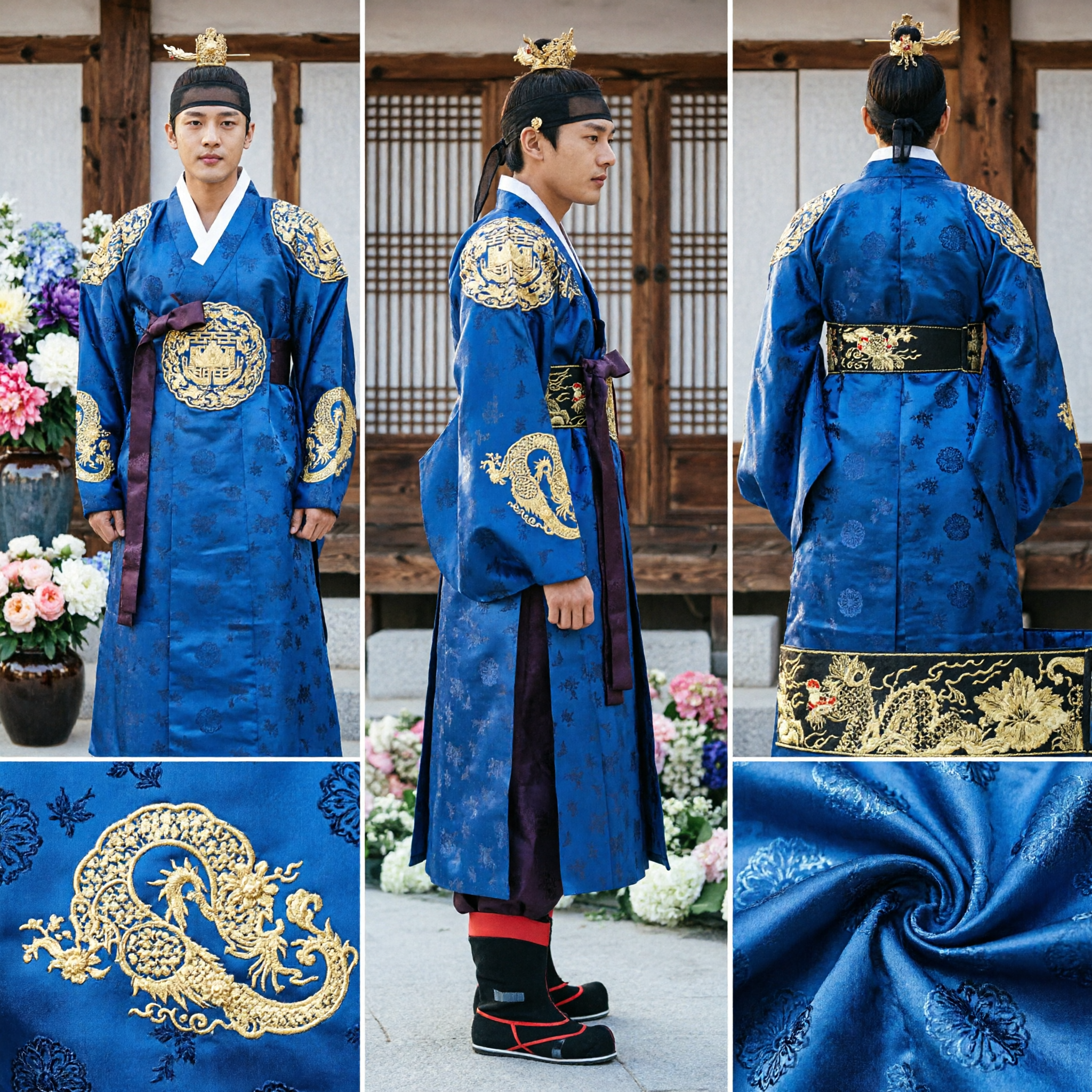 Men's Traditional Korean Royal King Hanbok Blue Dragon Robe Costume for Historical Drama Cosplay