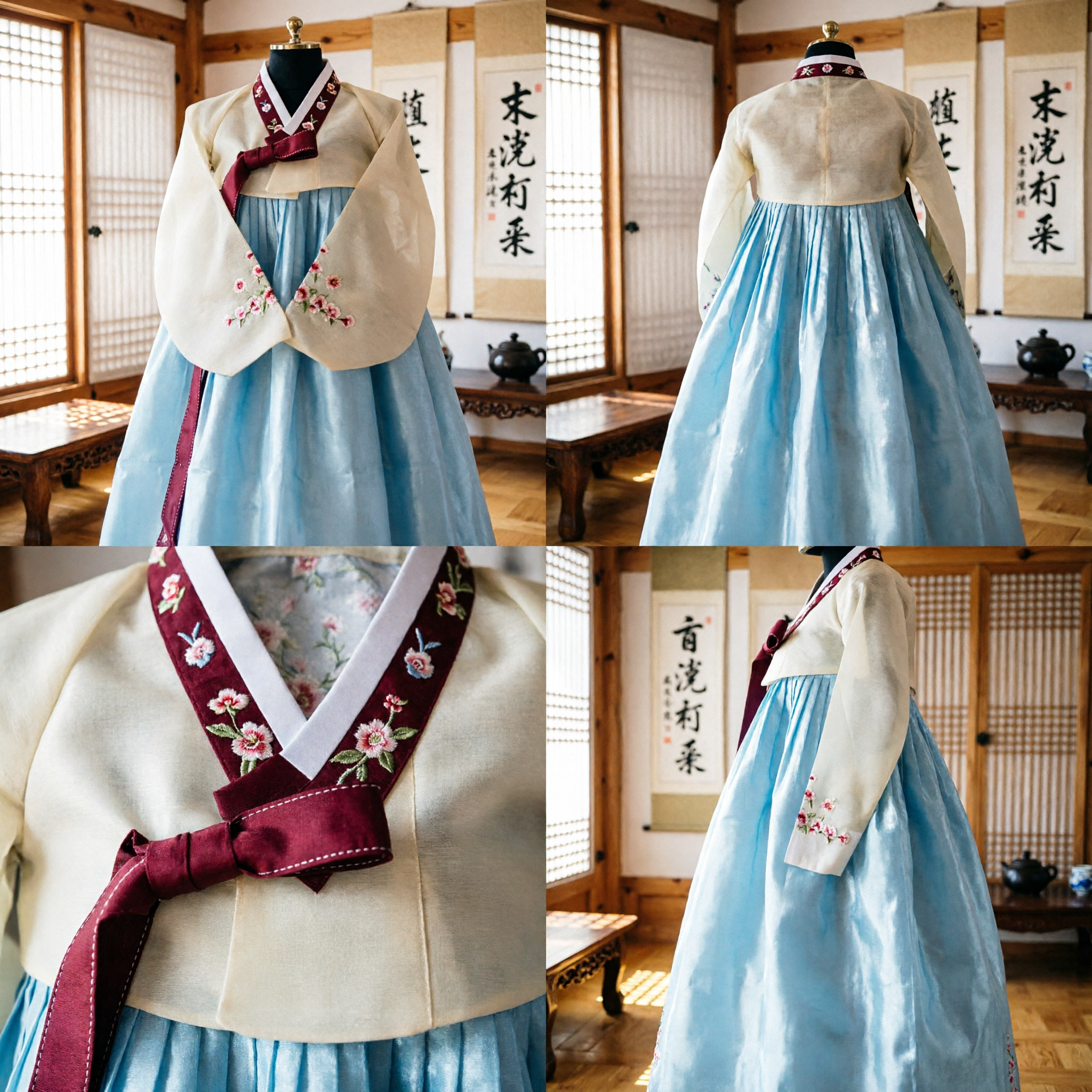 Traditional Korean Hanbok Dress for Women Light Blue Skirt White Top Floral Embroidery Costume for Wedding Party