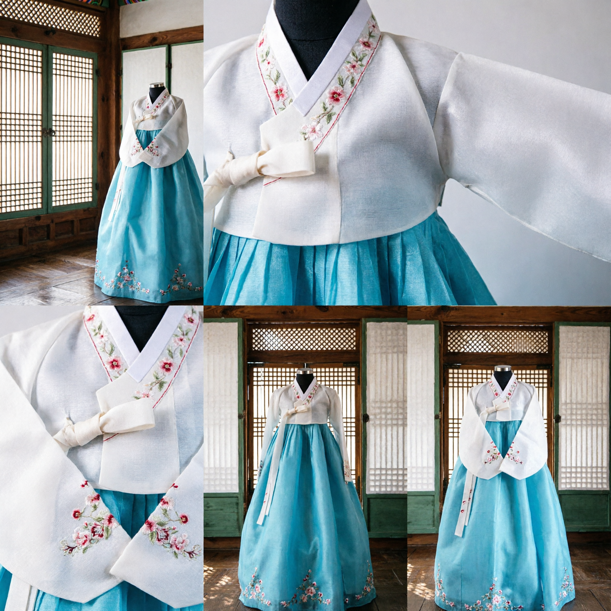 Traditional Korean Hanbok Dress for Women Light Blue Chima White Jeogori Embroidered Formal Costume