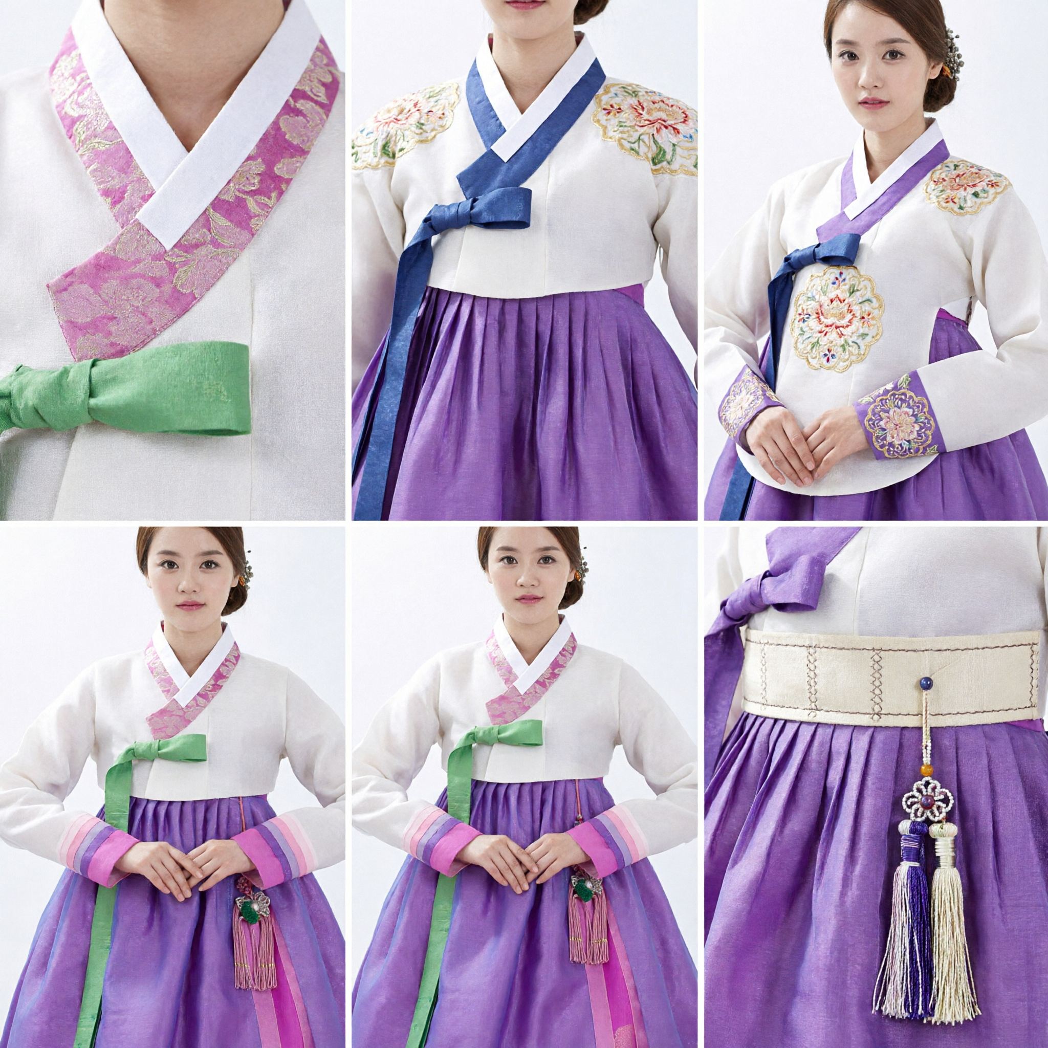 Women's Korean Traditional Hanbok Set White Embroidered Top Purple Skirt for Wedding Party