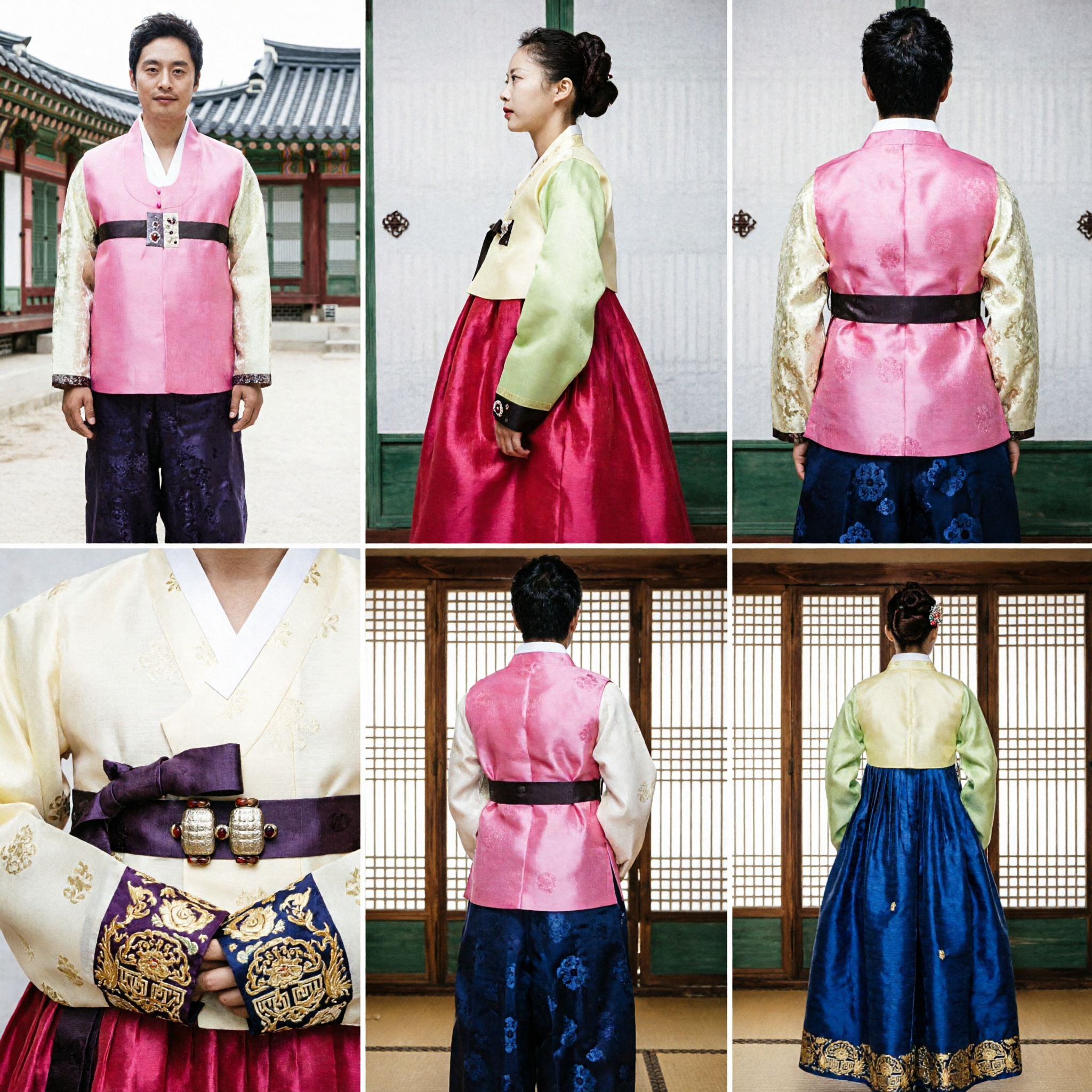 Traditional Korean Hanbok Couple Set, Pink and Red Formal Attire for Wedding and Cultural Events